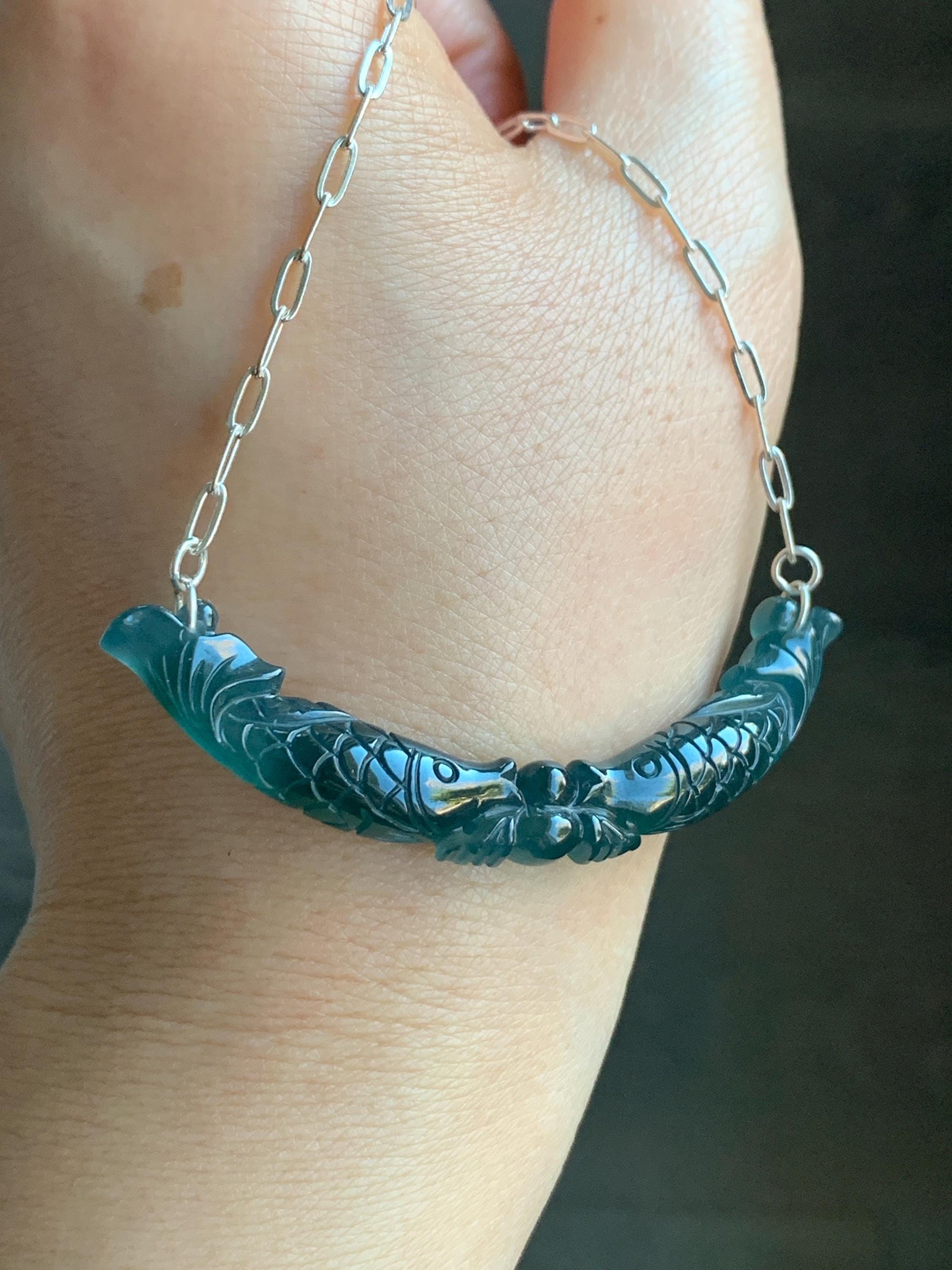 Natural Guatemalan Icy Translucent Deep Teal Blue Jadeite Double Fish Crescent Pendant 999 Sterling Silver Necklace 20” 天然冰胶危料湖水蓝翡翠双鱼玉横足银项链