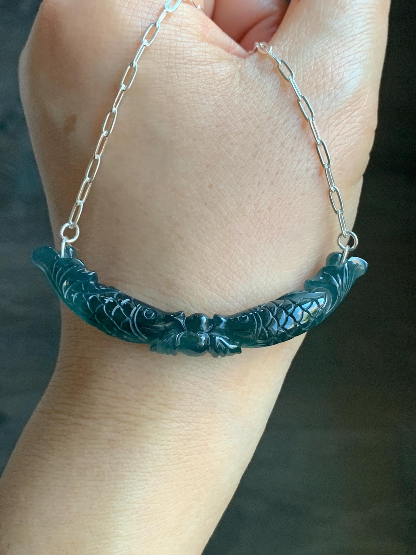 Natural Guatemalan Icy Translucent Deep Teal Blue Jadeite Double Fish Crescent Pendant 999 Sterling Silver Necklace 20” 天然冰胶危料湖水蓝翡翠双鱼玉横足银项链