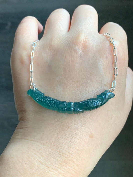 Natural Guatemalan Icy Translucent Deep Teal Blue Jadeite Double Fish Crescent Pendant 999 Sterling Silver Necklace 20” 天然冰胶危料湖水蓝翡翠双鱼玉横足银项链