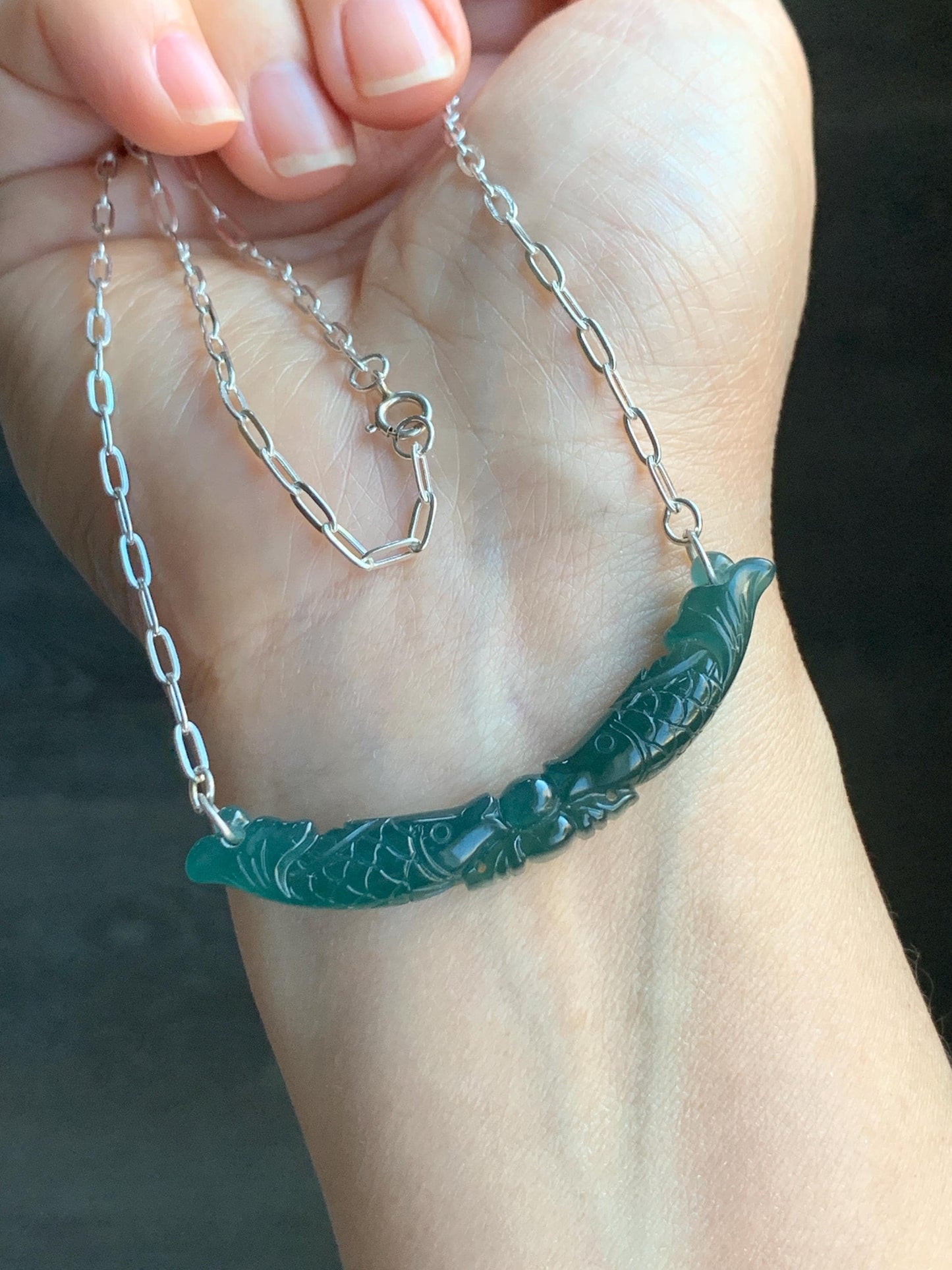 Natural Guatemalan Icy Translucent Deep Teal Blue Jadeite Double Fish Crescent Pendant 999 Sterling Silver Necklace 20” 天然冰胶危料湖水蓝翡翠双鱼玉横足银项链