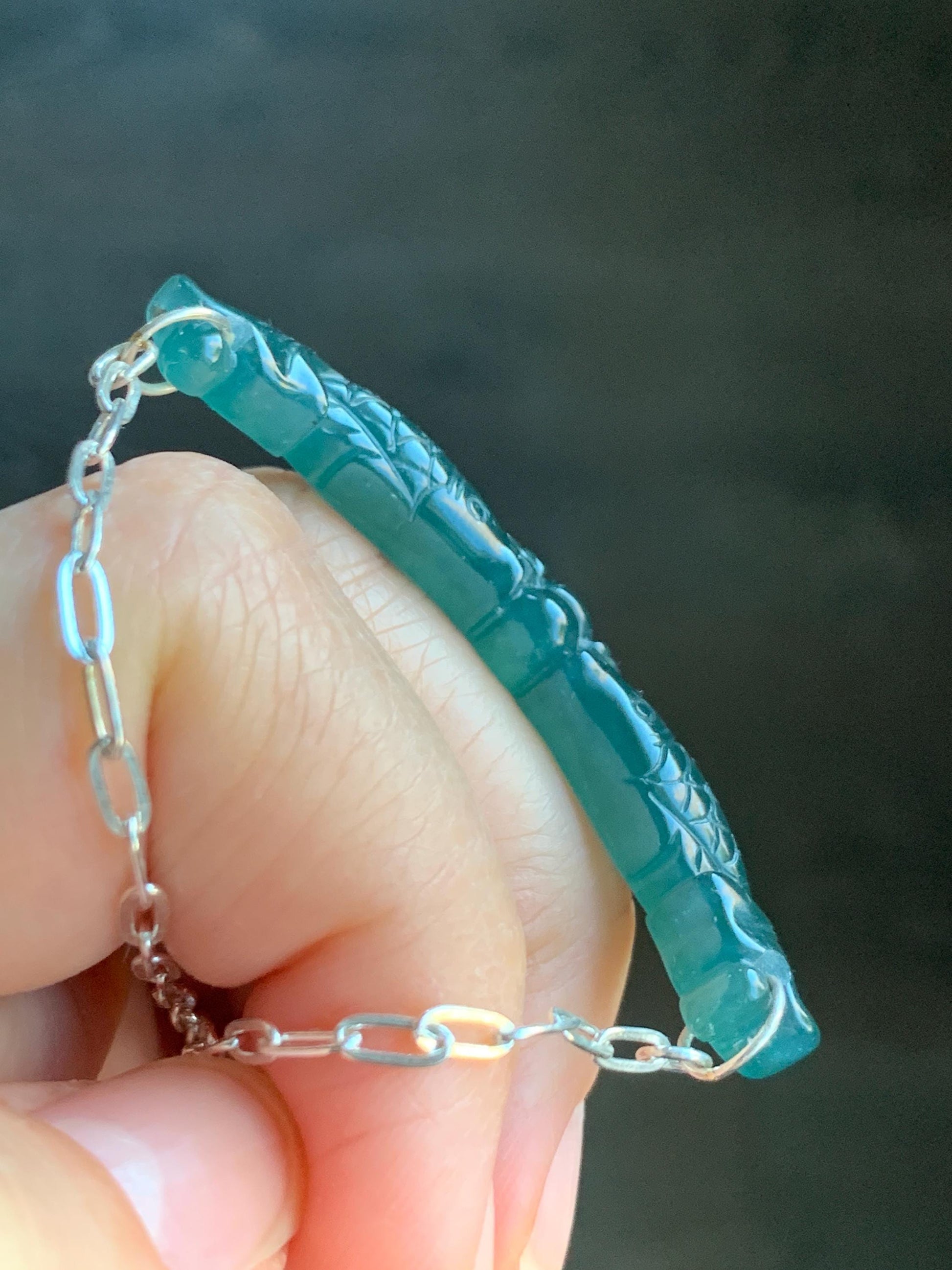 Natural Guatemalan Icy Translucent Deep Teal Blue Jadeite Double Fish Crescent Pendant 999 Sterling Silver Necklace 20” 天然冰胶危料湖水蓝翡翠双鱼玉横足银项链