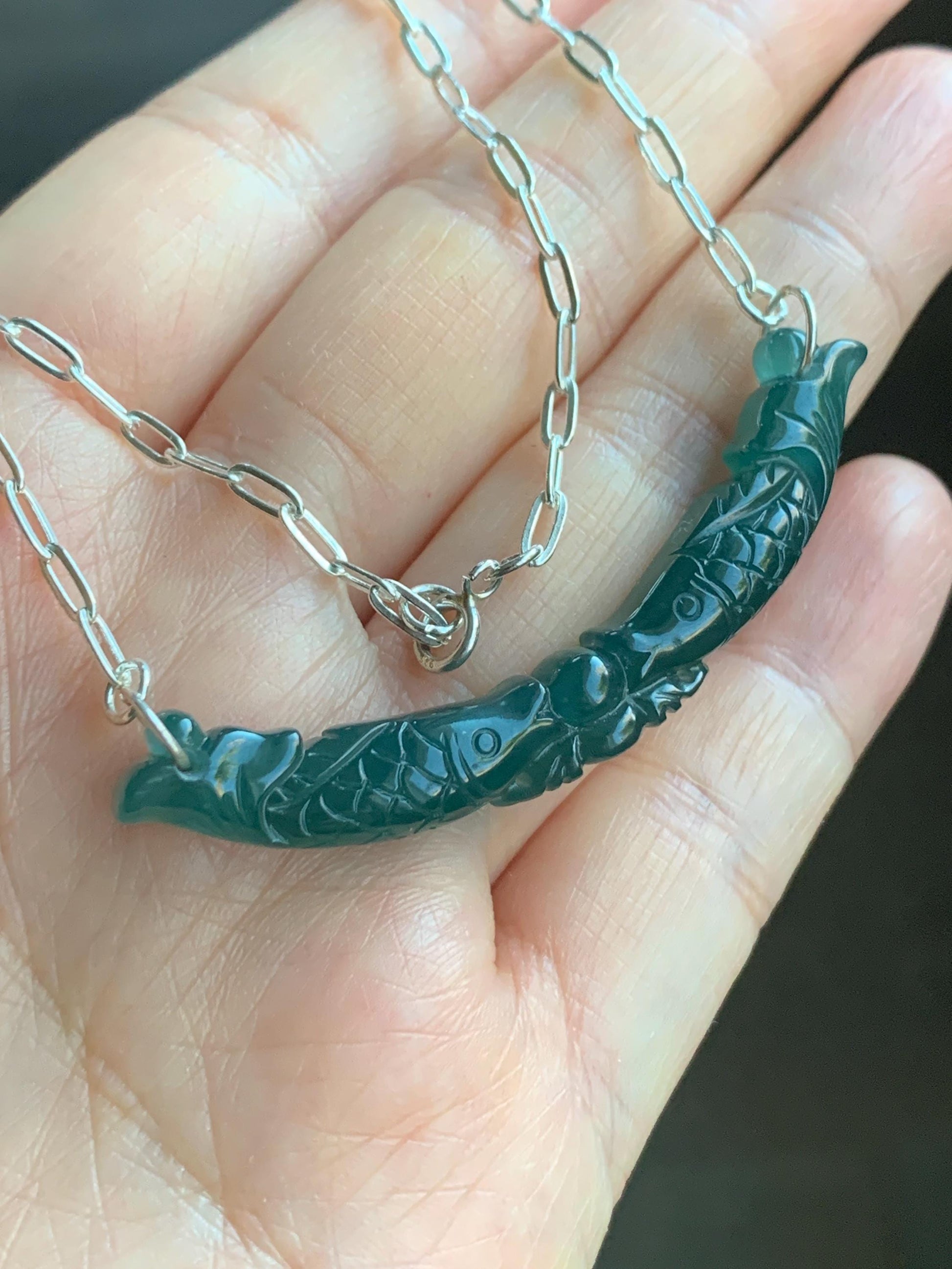 Natural Guatemalan Icy Translucent Deep Teal Blue Jadeite Double Fish Crescent Pendant 999 Sterling Silver Necklace 20” 天然冰胶危料湖水蓝翡翠双鱼玉横足银项链
