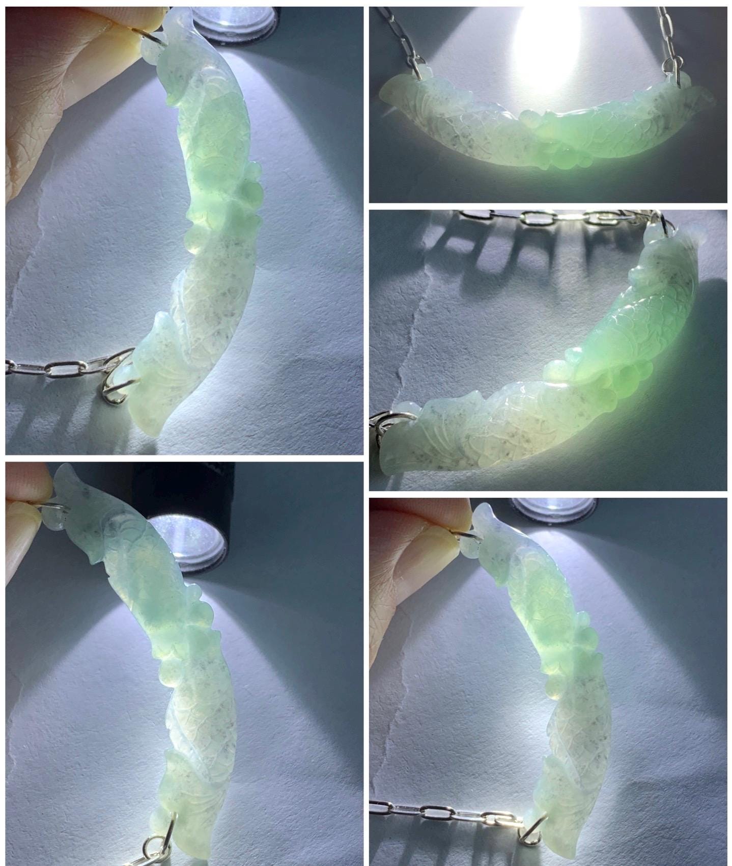 Natural Burmese Icy Translucent Wuji Green Marbled Jadeite Double Fish Crescent Pendant 999 Sterling Silver Necklace 20” 天然缅甸冰乌鸡绿翡翠双鱼玉横足银项链