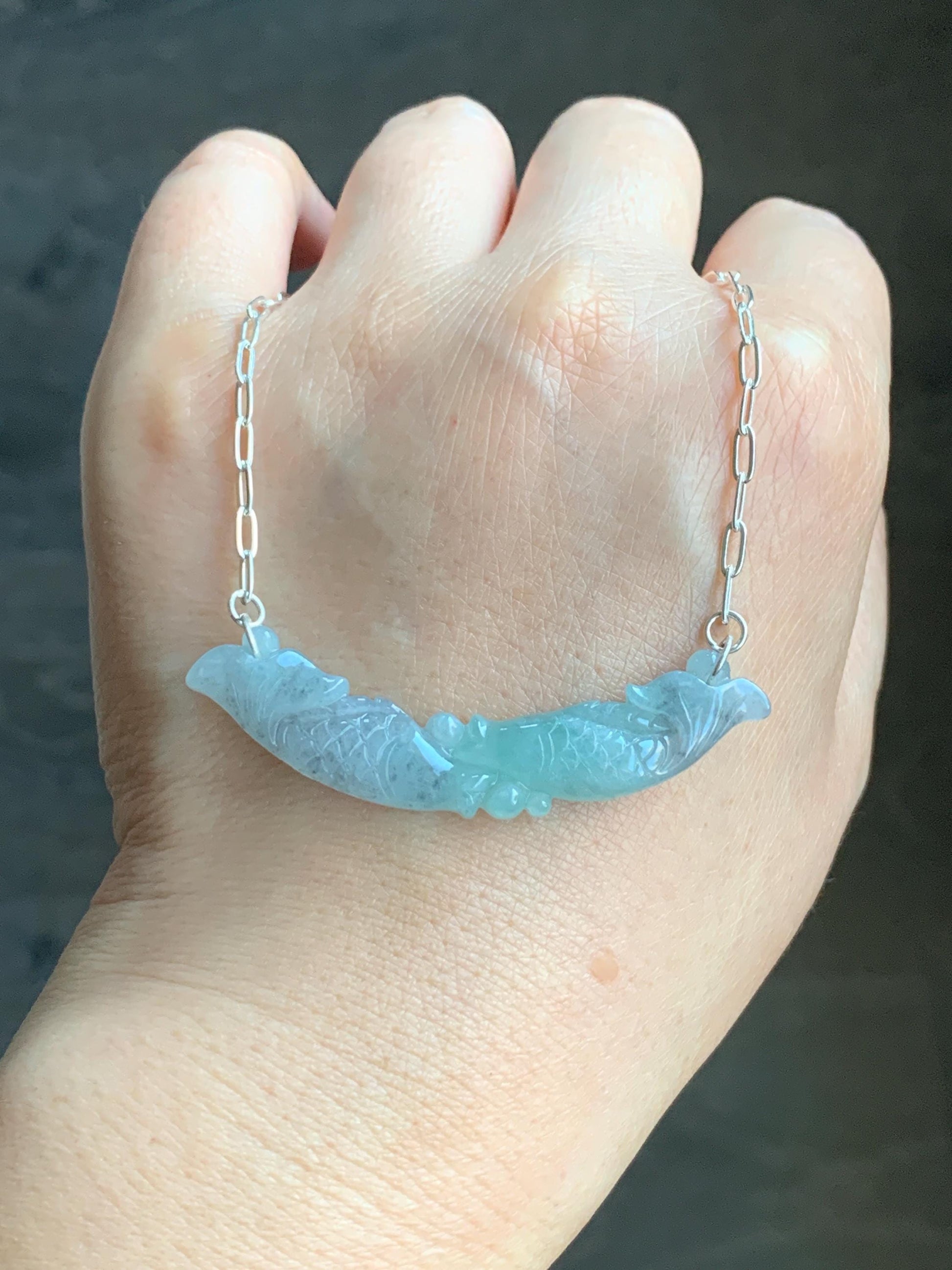 Natural Burmese Icy Translucent Wuji Green Marbled Jadeite Double Fish Crescent Pendant 999 Sterling Silver Necklace 20” 天然缅甸冰乌鸡绿翡翠双鱼玉横足银项链