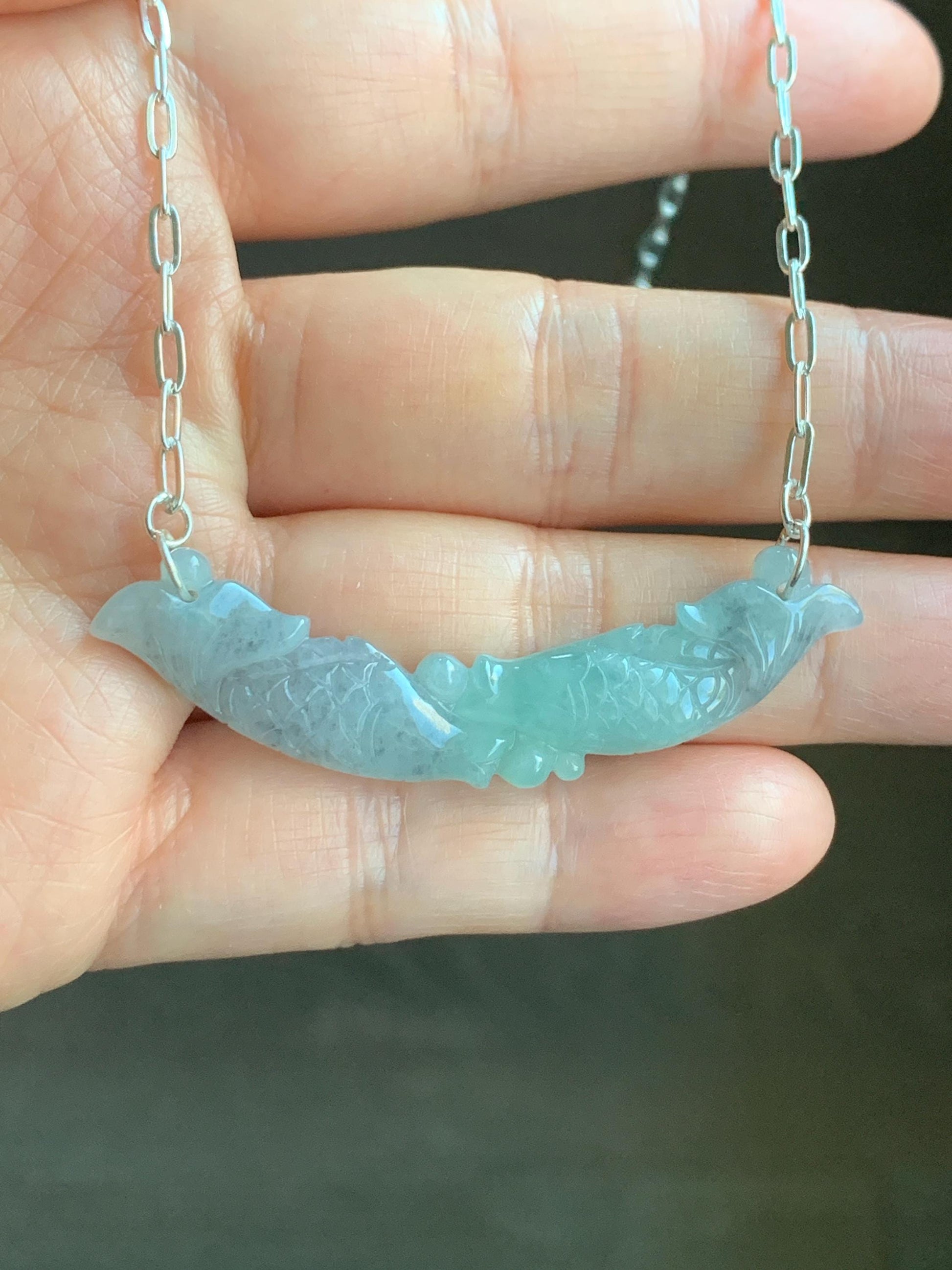 Natural Burmese Icy Translucent Wuji Green Marbled Jadeite Double Fish Crescent Pendant 999 Sterling Silver Necklace 20” 天然缅甸冰乌鸡绿翡翠双鱼玉横足银项链
