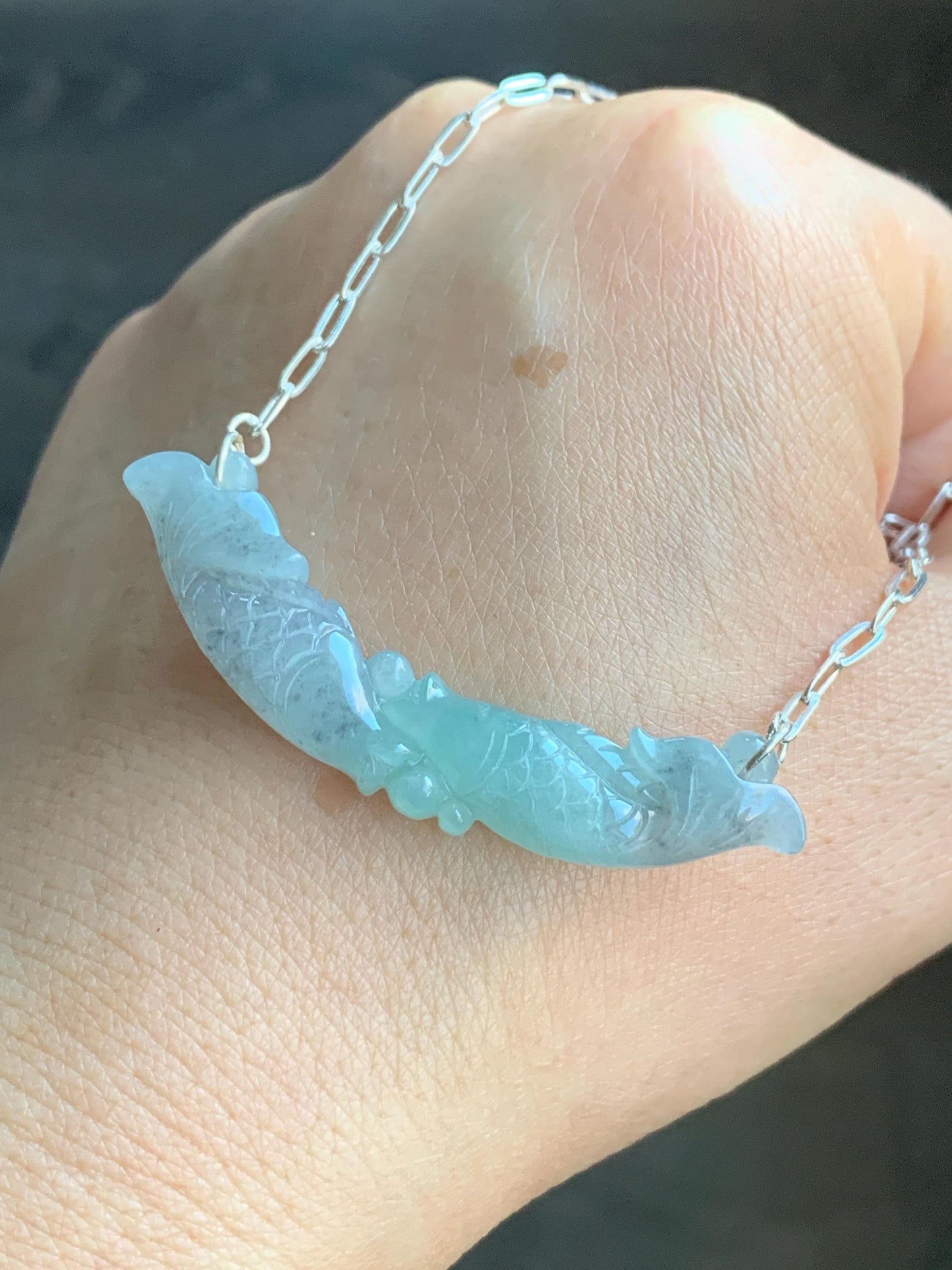 Natural Burmese Icy Translucent Wuji Green Marbled Jadeite Double Fish Crescent Pendant 999 Sterling Silver Necklace 20” 天然缅甸冰乌鸡绿翡翠双鱼玉横足银项链