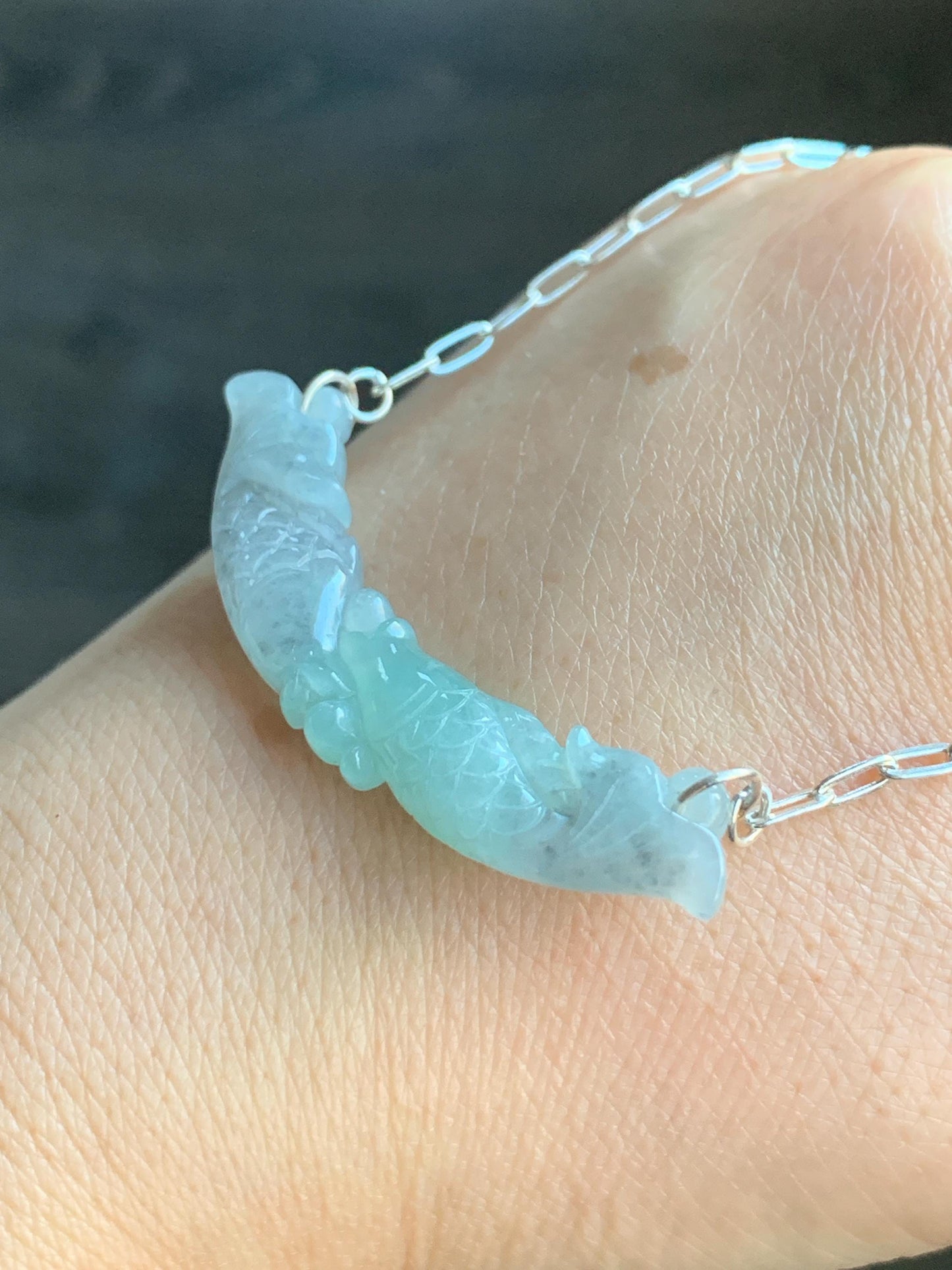Natural Burmese Icy Translucent Wuji Green Marbled Jadeite Double Fish Crescent Pendant 999 Sterling Silver Necklace 20” 天然缅甸冰乌鸡绿翡翠双鱼玉横足银项链