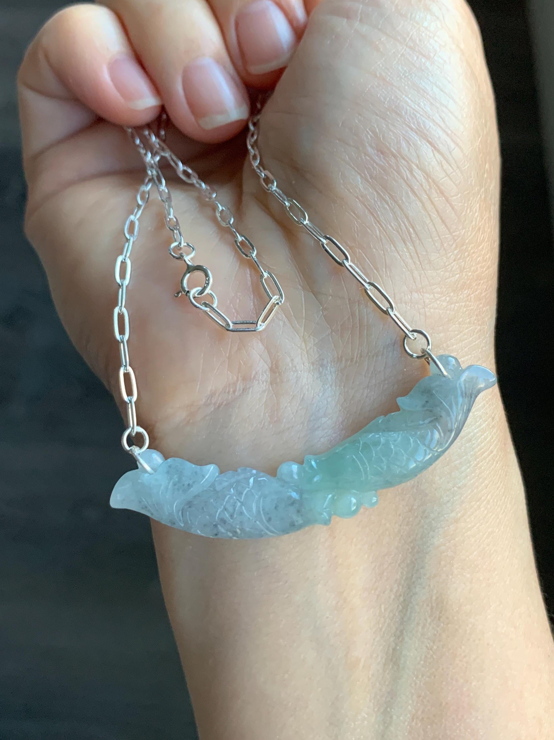 Natural Burmese Icy Translucent Wuji Green Marbled Jadeite Double Fish Crescent Pendant 999 Sterling Silver Necklace 20” 天然缅甸冰乌鸡绿翡翠双鱼玉横足银项链