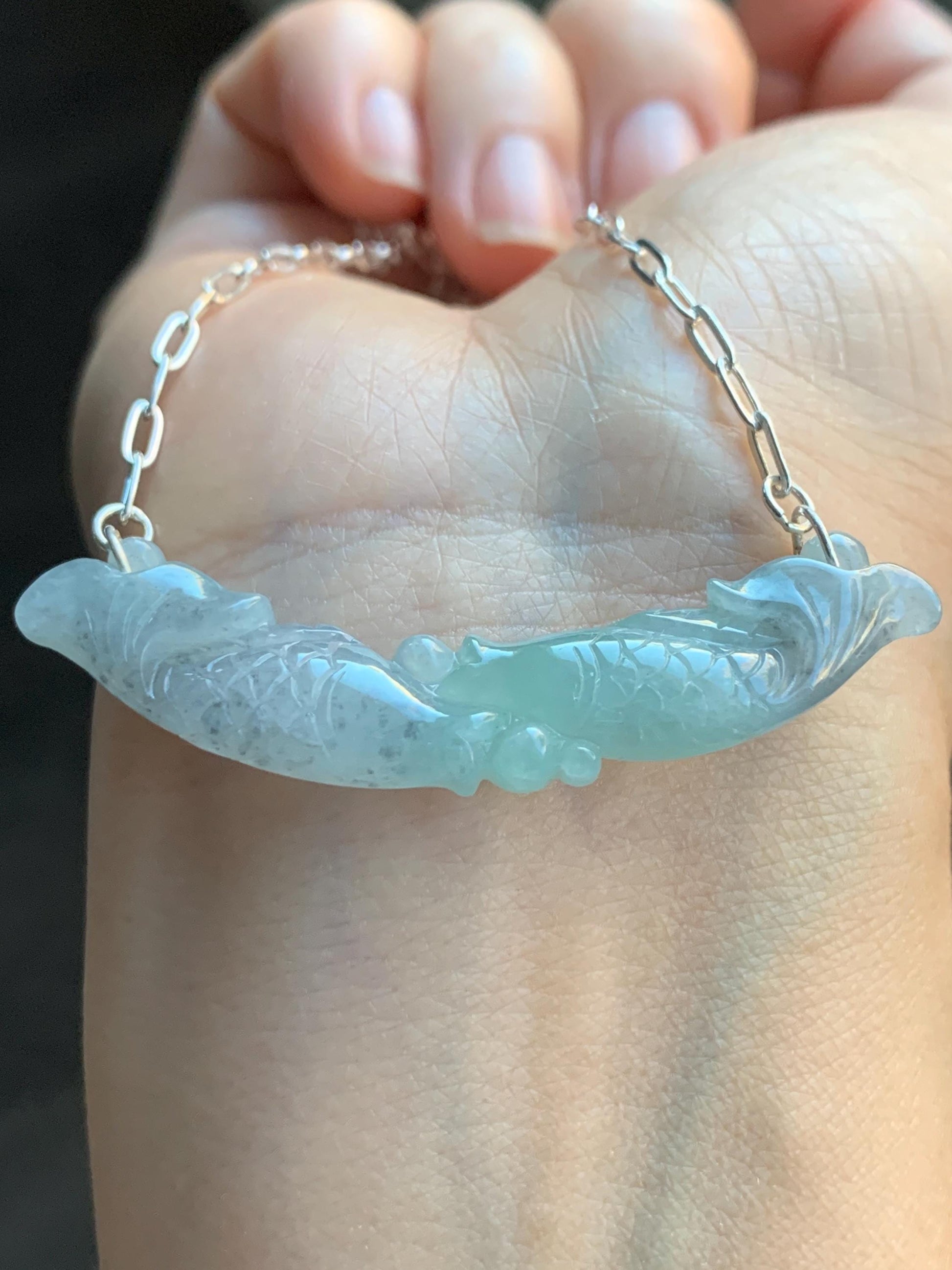 Natural Burmese Icy Translucent Wuji Green Marbled Jadeite Double Fish Crescent Pendant 999 Sterling Silver Necklace 20” 天然缅甸冰乌鸡绿翡翠双鱼玉横足银项链