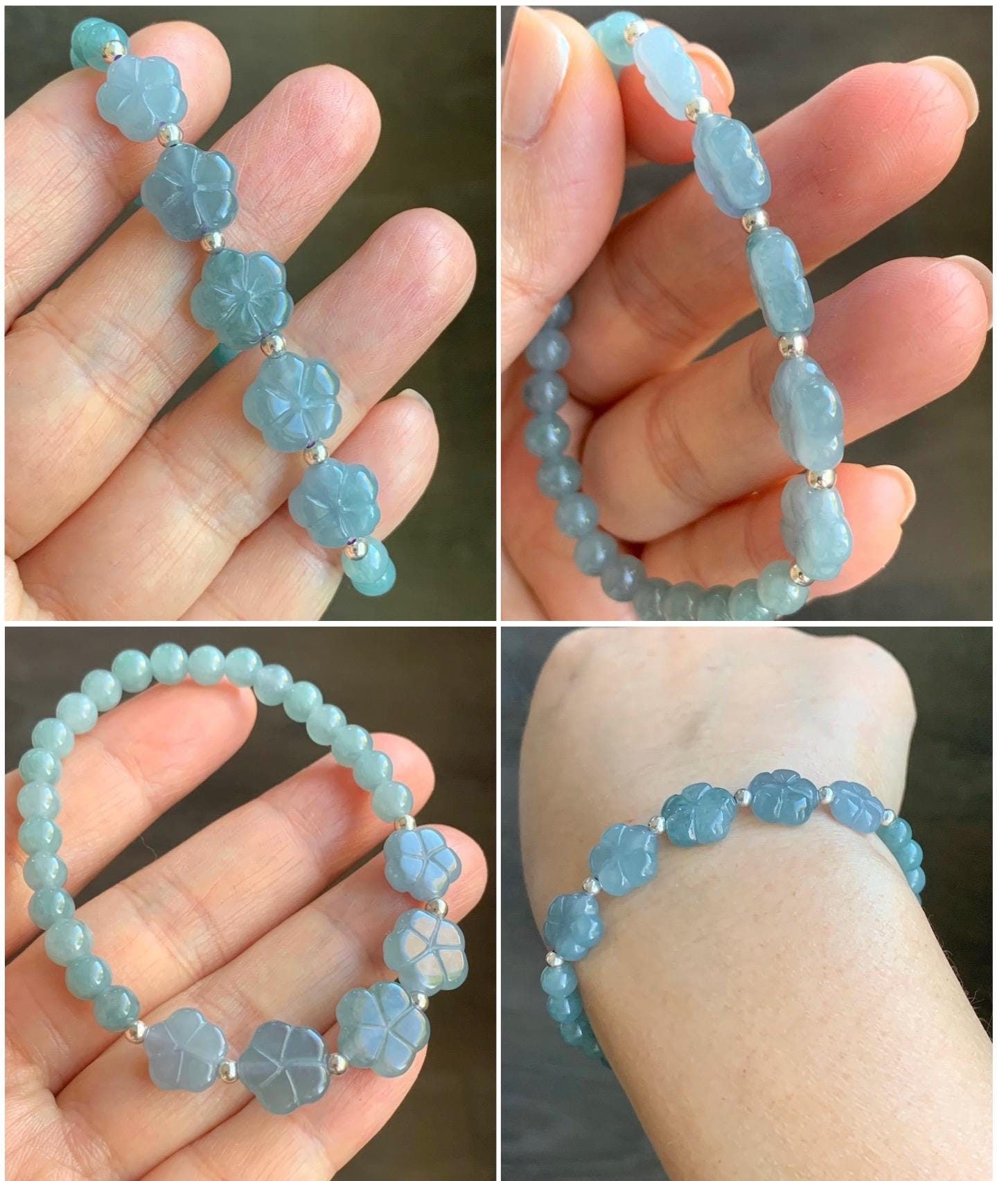 Natural Guatemalan Icy Translucent Dusty Blue & Light Teal Jadeite Chery Blossom Beaded Bracelet Sterling Silver 6.5” 11g 天然冰危蓝翡翠梅花圆珠手串