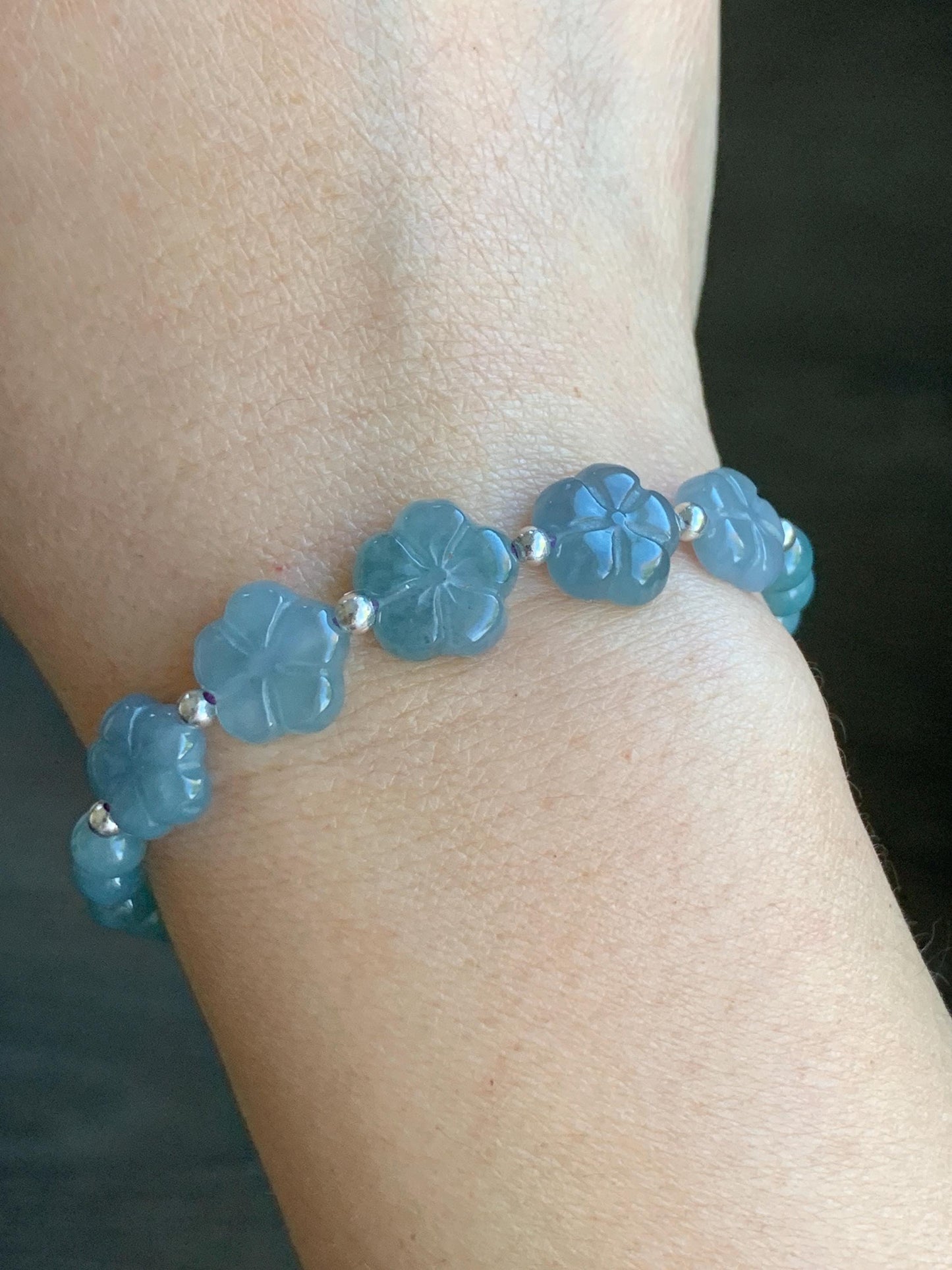 Natural Guatemalan Icy Translucent Dusty Blue & Light Teal Jadeite Chery Blossom Beaded Bracelet Sterling Silver 6.5” 11g 天然冰危蓝翡翠梅花圆珠手串