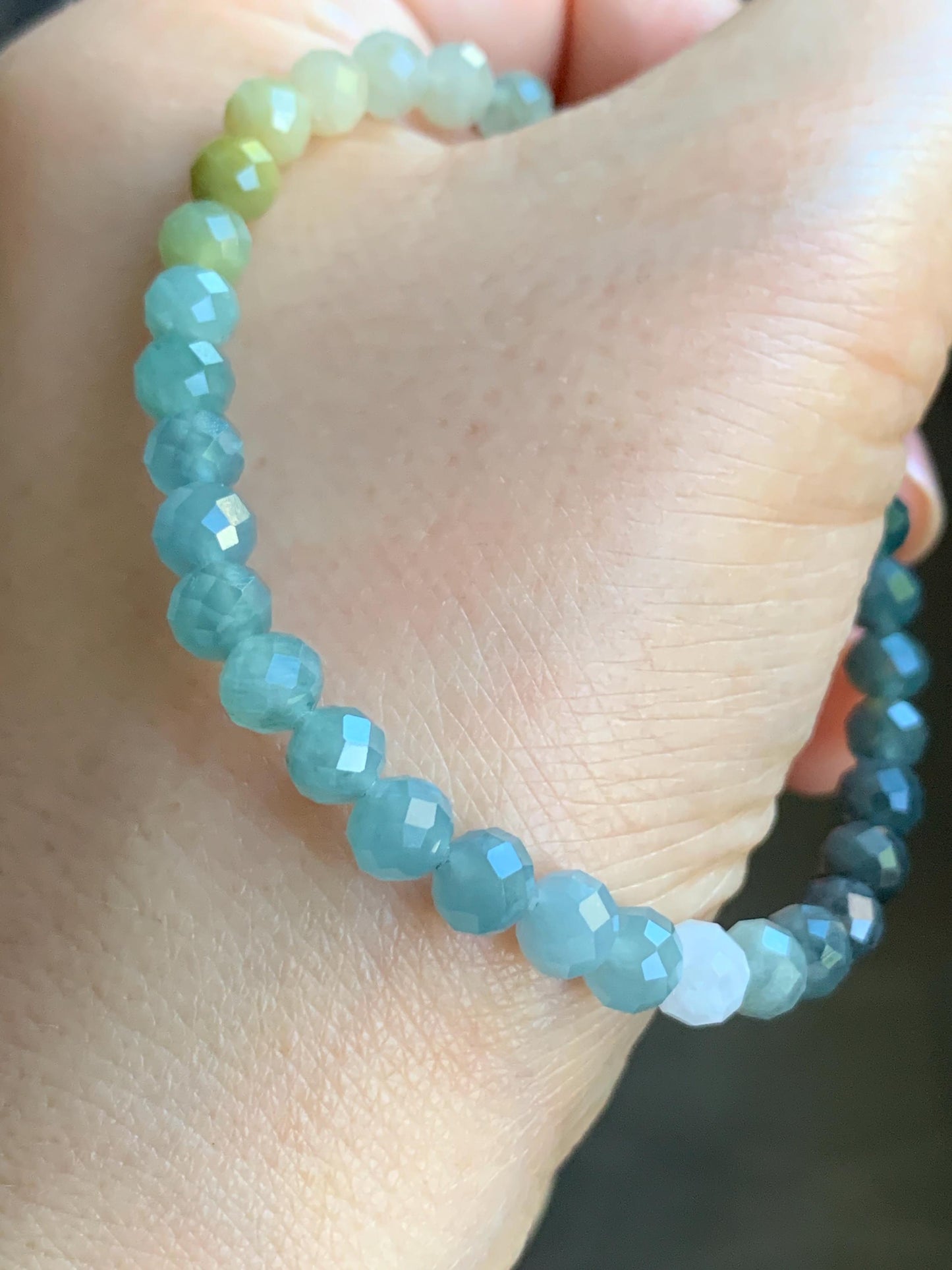Natural Guatemalan Icy Translucent Multicolored Jadeite Faceted Round Beads Beaded Bracelet Stretchy 5.5mm 7” 8g 天然冰危多宝马色翡翠切割面圆珠手串