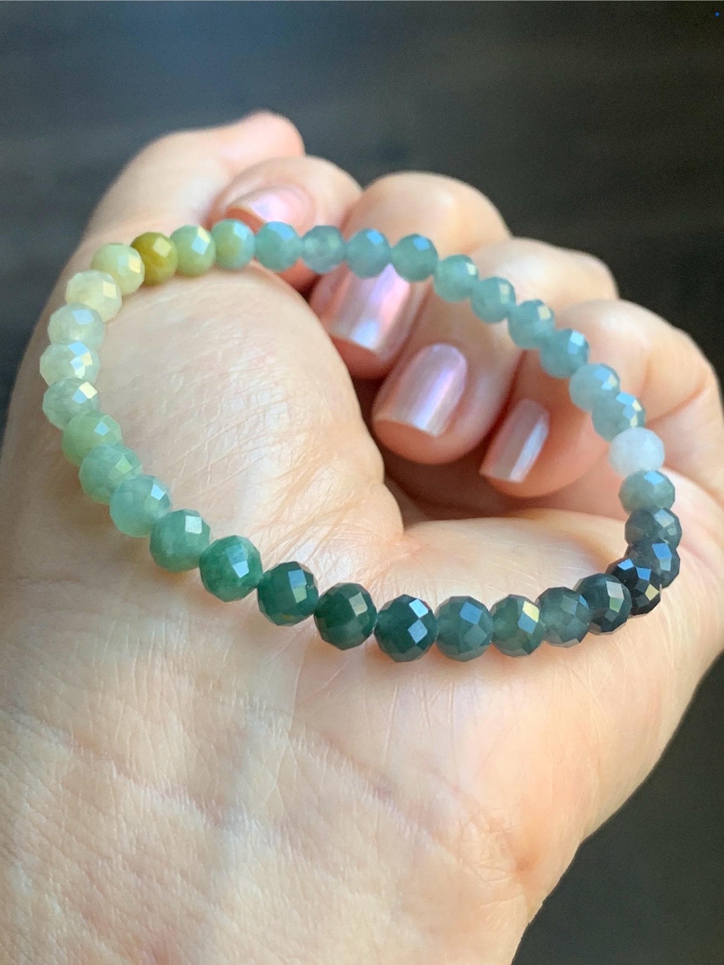 Natural Guatemalan Icy Translucent Multicolored Jadeite Faceted Round Beads Beaded Bracelet Stretchy 5.5mm 7” 8g 天然冰危多宝马色翡翠切割面圆珠手串