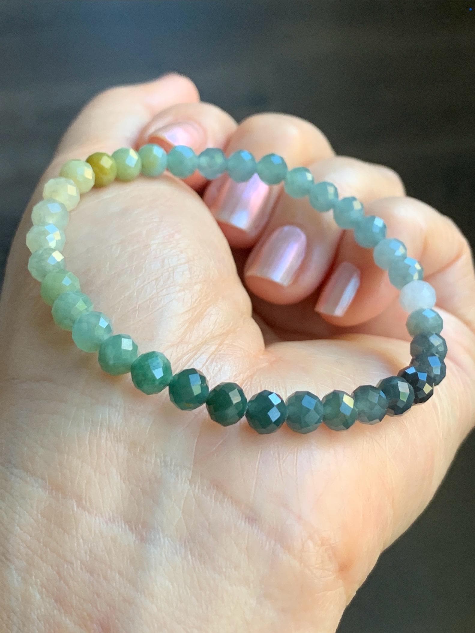 Natural Guatemalan Icy Translucent Multicolored Jadeite Faceted Round Beads Beaded Bracelet Stretchy 5.5mm 7” 8g 天然冰危多宝马色翡翠切割面圆珠手串