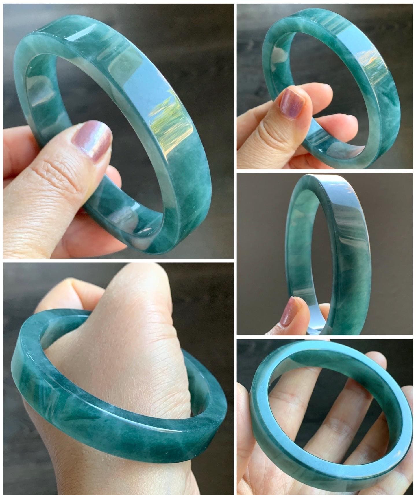 Certified Natural Guatemalan Icy Translucent Dark Blue Jeans Jadeite Wide Square Edged Bangle Bracelet 59.5mm 7.25" 55g 天然冰危牛仔蓝翡翠轮胎方镯手镯 7814