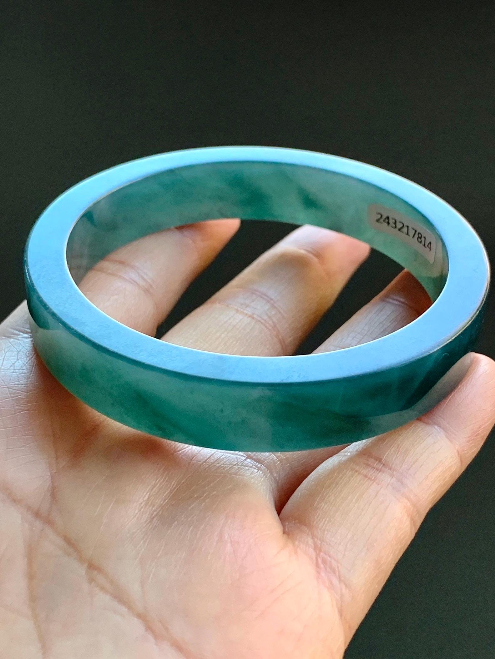 Certified Natural Guatemalan Icy Translucent Dark Blue Jeans Jadeite Wide Square Edged Bangle Bracelet 59.5mm 7.25" 55g 天然冰危牛仔蓝翡翠轮胎方镯手镯 7814