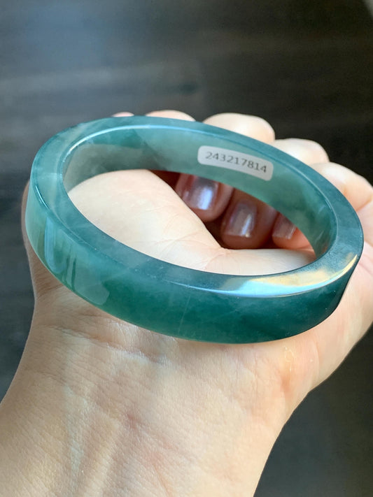 Certified Natural Guatemalan Icy Translucent Dark Blue Jeans Jadeite Wide Square Edged Bangle Bracelet 59.5mm 7.25" 55g 天然冰危牛仔蓝翡翠轮胎方镯手镯 7814
