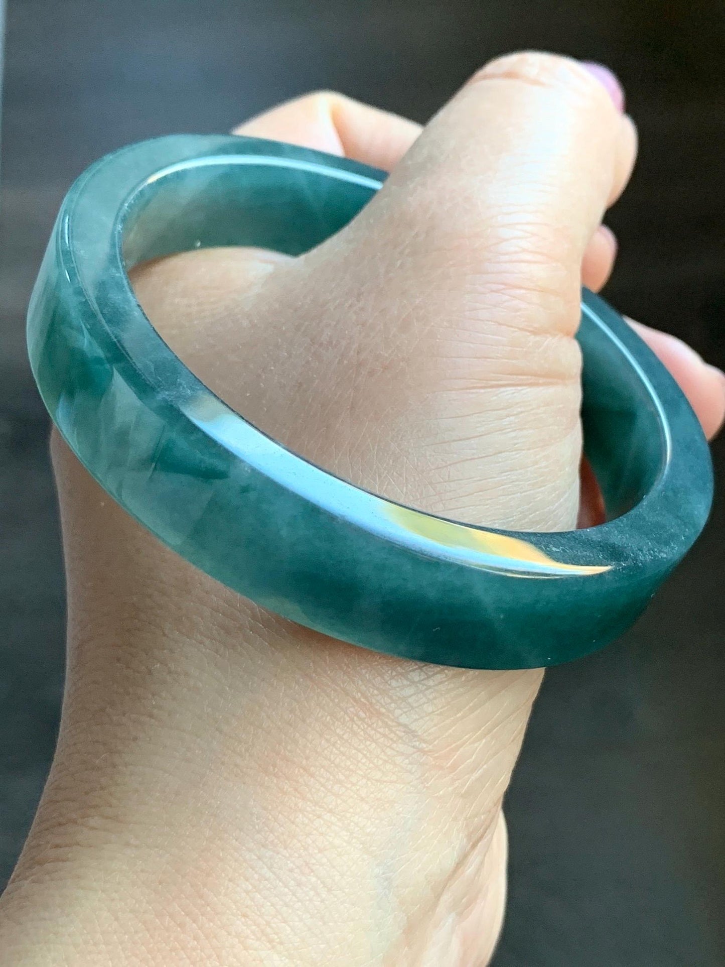 Certified Natural Guatemalan Icy Translucent Dark Blue Jeans Jadeite Wide Square Edged Bangle Bracelet 59.5mm 7.25" 55g 天然冰危牛仔蓝翡翠轮胎方镯手镯 7814