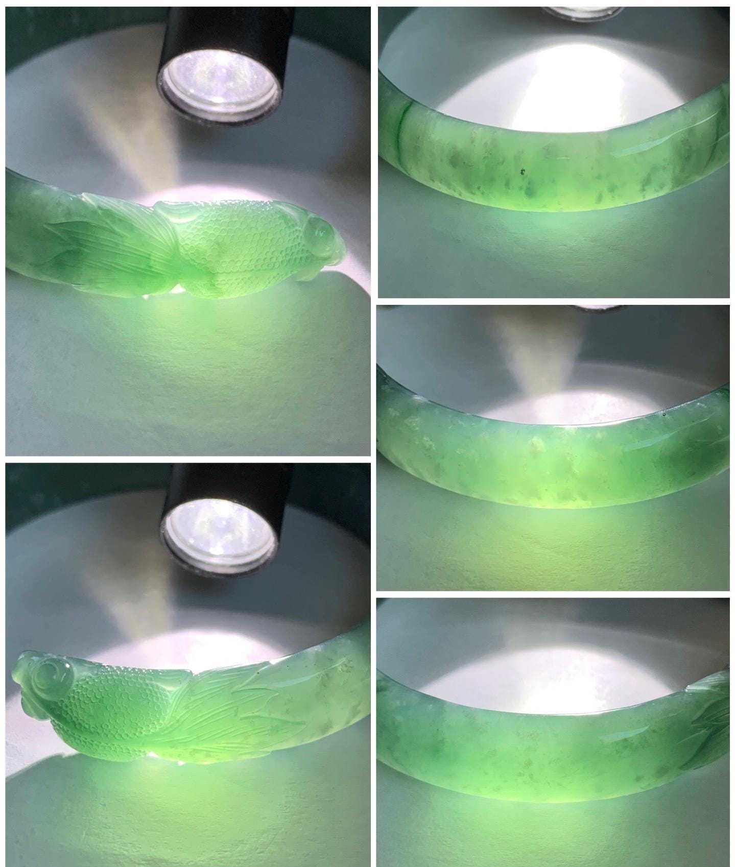 Certified Natural Guatemalan Icy Translucent Dark Teal Blue Jadeite Carved Double Goldfish Open Bangle 57.6mm 7" 38g 天然冰危深蓝翡翠轮胎双鱼雕开口手镯 7823