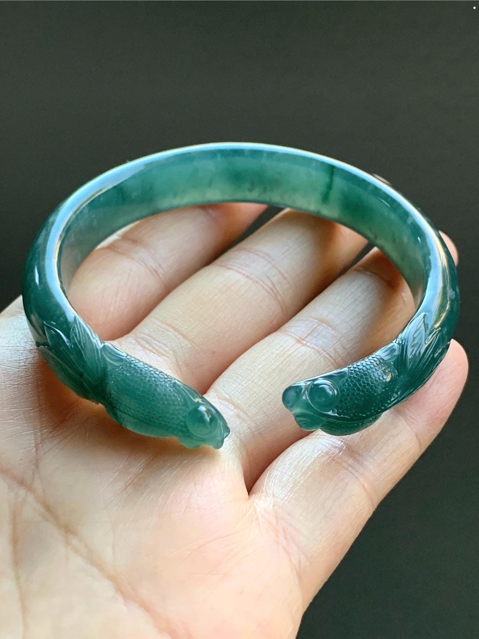 Certified Natural Guatemalan Icy Translucent Dark Teal Blue Jadeite Carved Double Goldfish Open Bangle 57.6mm 7" 38g 天然冰危深蓝翡翠轮胎双鱼雕开口手镯 7823
