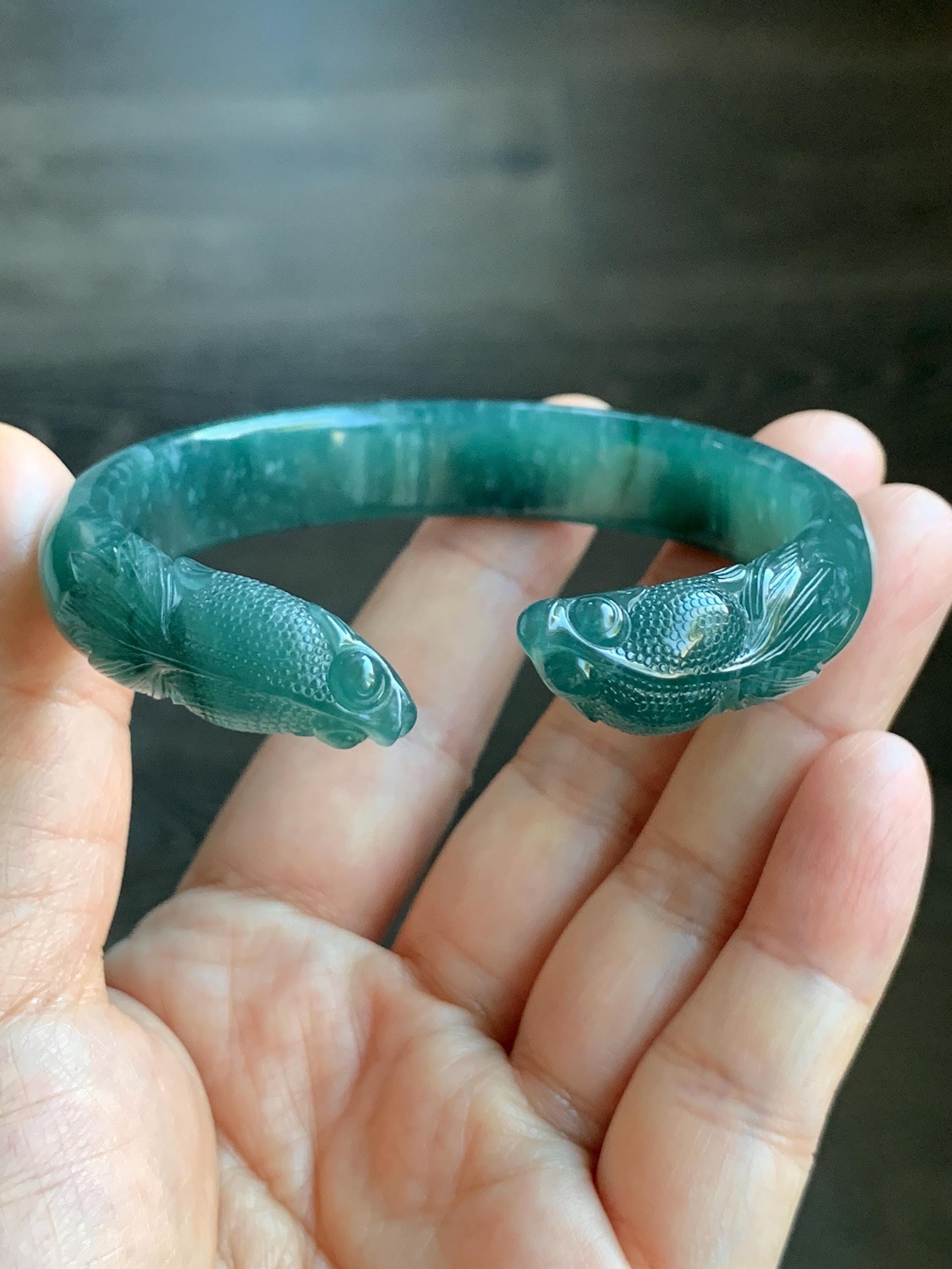 Certified Natural Guatemalan Icy Translucent Dark Teal Blue Jadeite Carved Double Goldfish Open Bangle 57.6mm 7" 38g 天然冰危深蓝翡翠轮胎双鱼雕开口手镯 7823