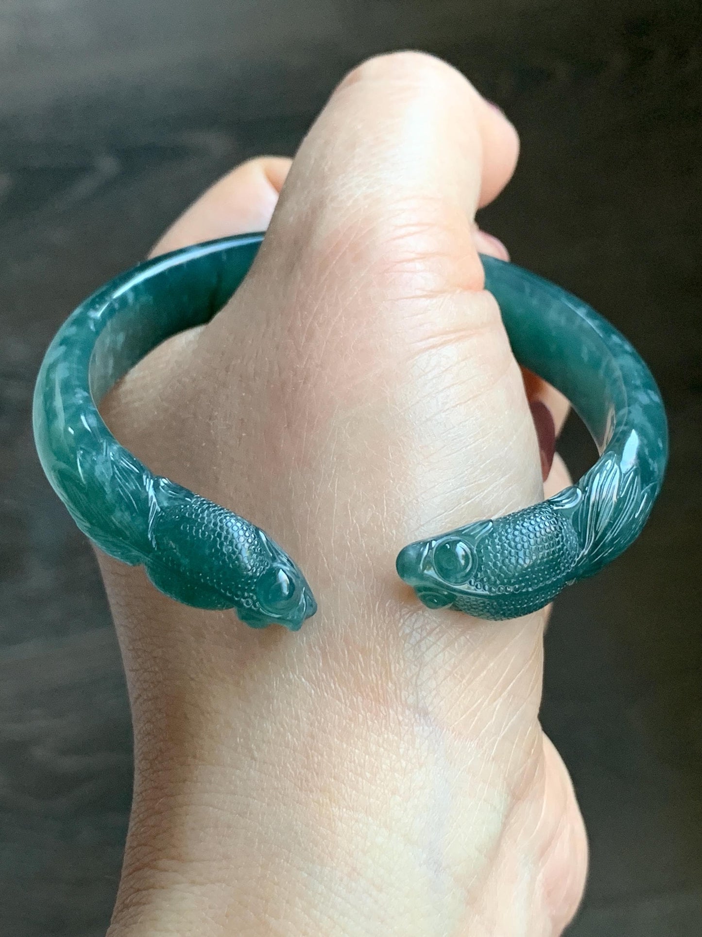 Certified Natural Guatemalan Icy Translucent Dark Teal Blue Jadeite Carved Double Goldfish Open Bangle 57.6mm 7" 38g 天然冰危深蓝翡翠轮胎双鱼雕开口手镯 7823