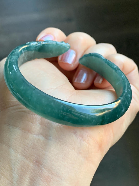 Certified Natural Guatemalan Icy Translucent Dark Teal Blue Jadeite Carved Double Goldfish Open Bangle 57.6mm 7" 38g 天然冰危深蓝翡翠轮胎双鱼雕开口手镯 7823