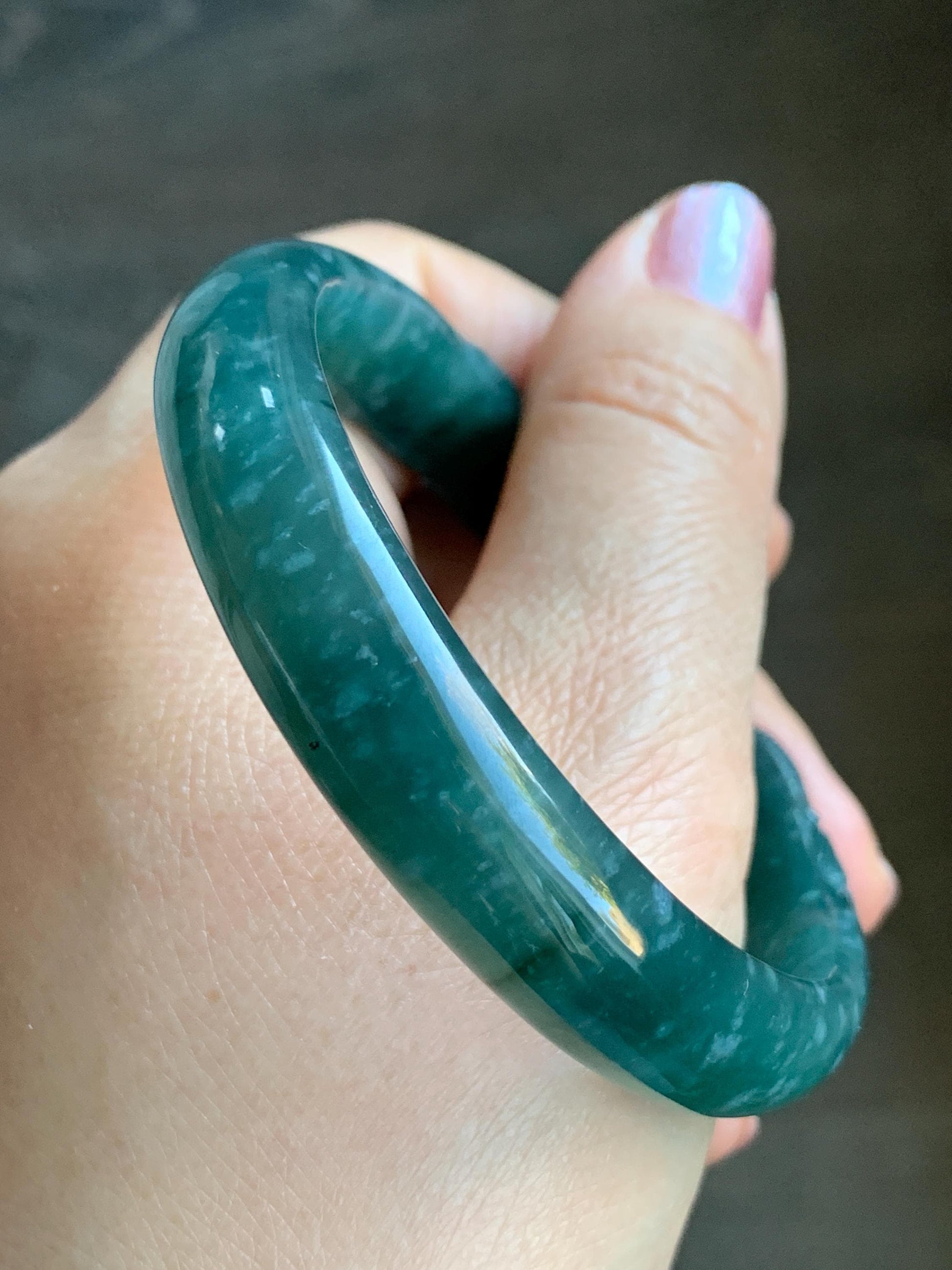 Certified Natural Guatemalan Icy Translucent Dark Teal Blue Jadeite Carved Double Goldfish Open Bangle 57.6mm 7" 38g 天然冰危深蓝翡翠轮胎双鱼雕开口手镯 7823