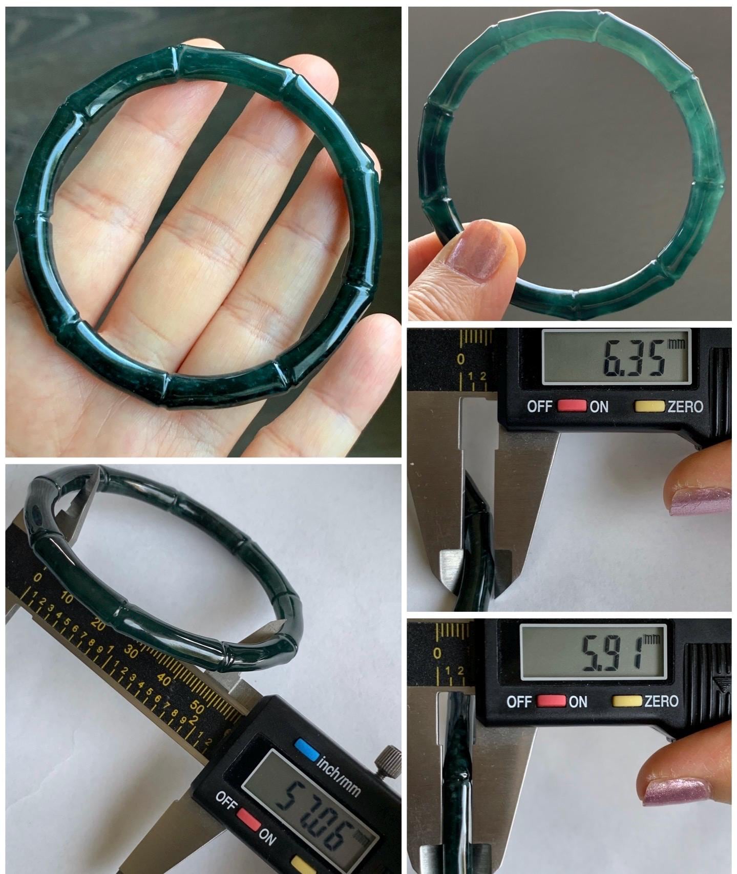 Certified Natural Guatemalan Icy Translucent Dark Teal Green Jadeite Carved Bamboo Bangle Bracelet 57mm 7” 20g 天然冰危深篮绿翡翠竹节手镯 7825