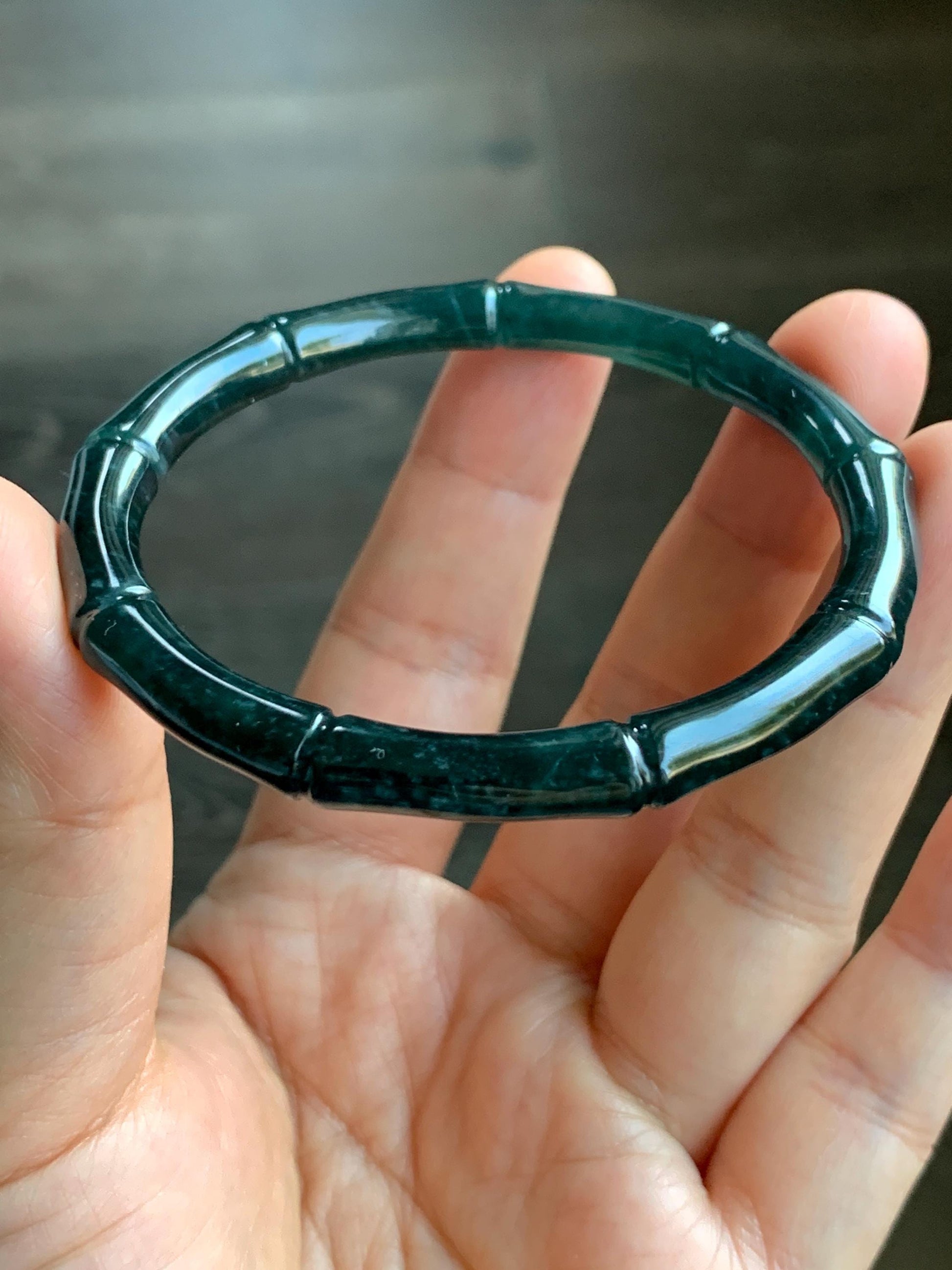 Certified Natural Guatemalan Icy Translucent Dark Teal Green Jadeite Carved Bamboo Bangle Bracelet 57mm 7” 20g 天然冰危深篮绿翡翠竹节手镯 7825