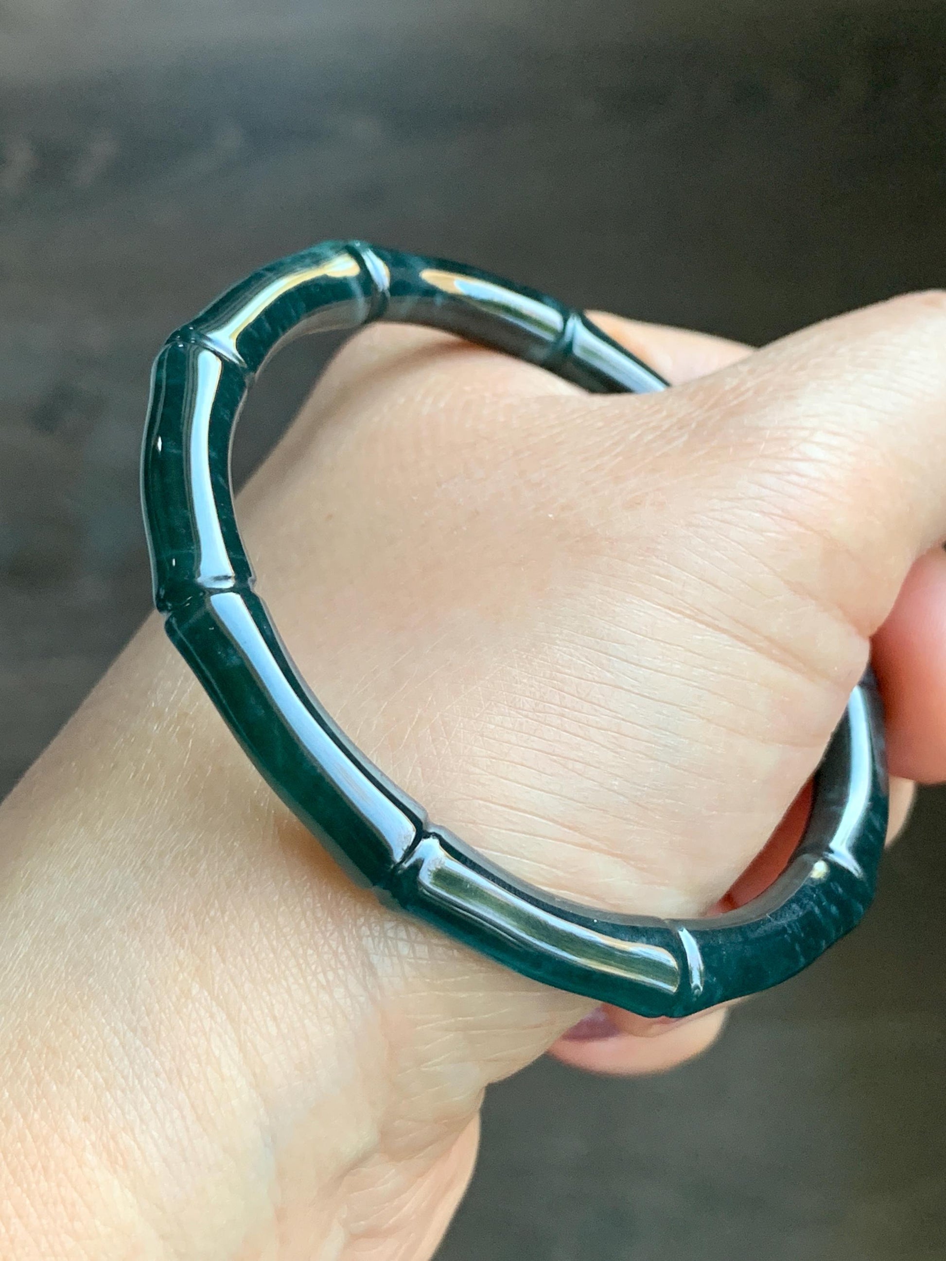 Certified Natural Guatemalan Icy Translucent Dark Teal Green Jadeite Carved Bamboo Bangle Bracelet 57mm 7” 20g 天然冰危深篮绿翡翠竹节手镯 7825