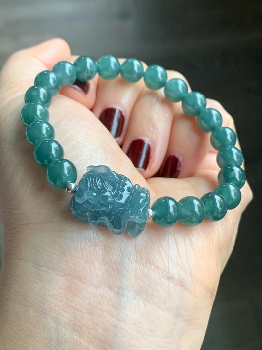Natural Guatemalan Icy Highly Translucent Dusty Blue Jadeite Dragon Head Teal Blue Beaded Bracelet Sterling Silver 7” 24g 天然冰胶起光危蓝翡翠精工龙头圆珠手串
