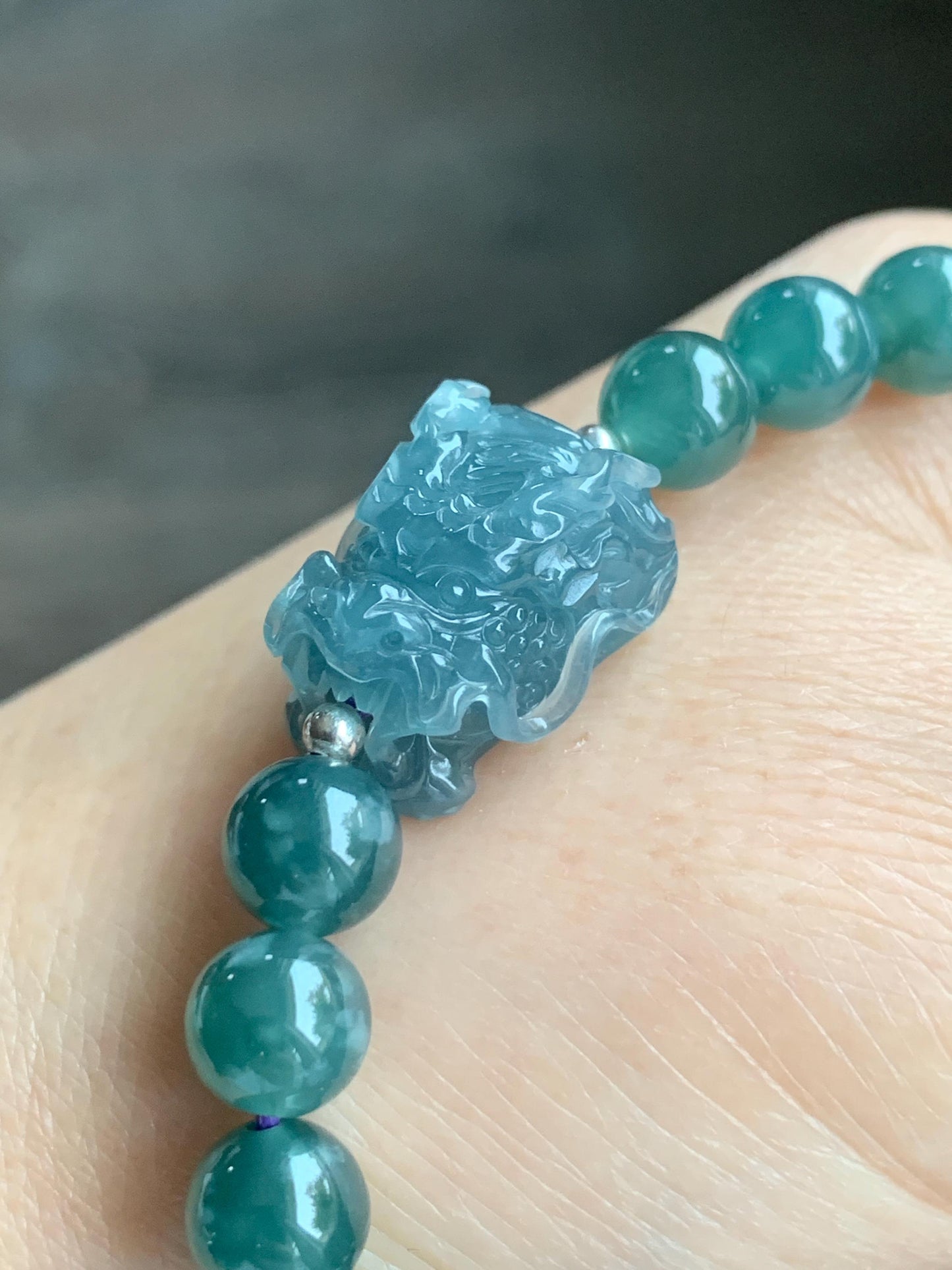 Natural Guatemalan Icy Highly Translucent Dusty Blue Jadeite Dragon Head Teal Blue Beaded Bracelet Sterling Silver 7” 24g 天然冰胶起光危蓝翡翠精工龙头圆珠手串
