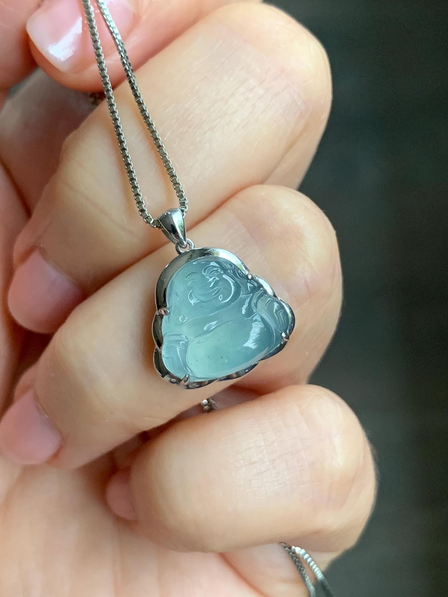 Certified Natural Guatemalan Icy Highly Translucent Light Teal Blue Jadeite Buddha Petite Pendant Sterling Silver 天然老种高冰危蓝绿翡翠起光佛公镶嵌吊坠 3024