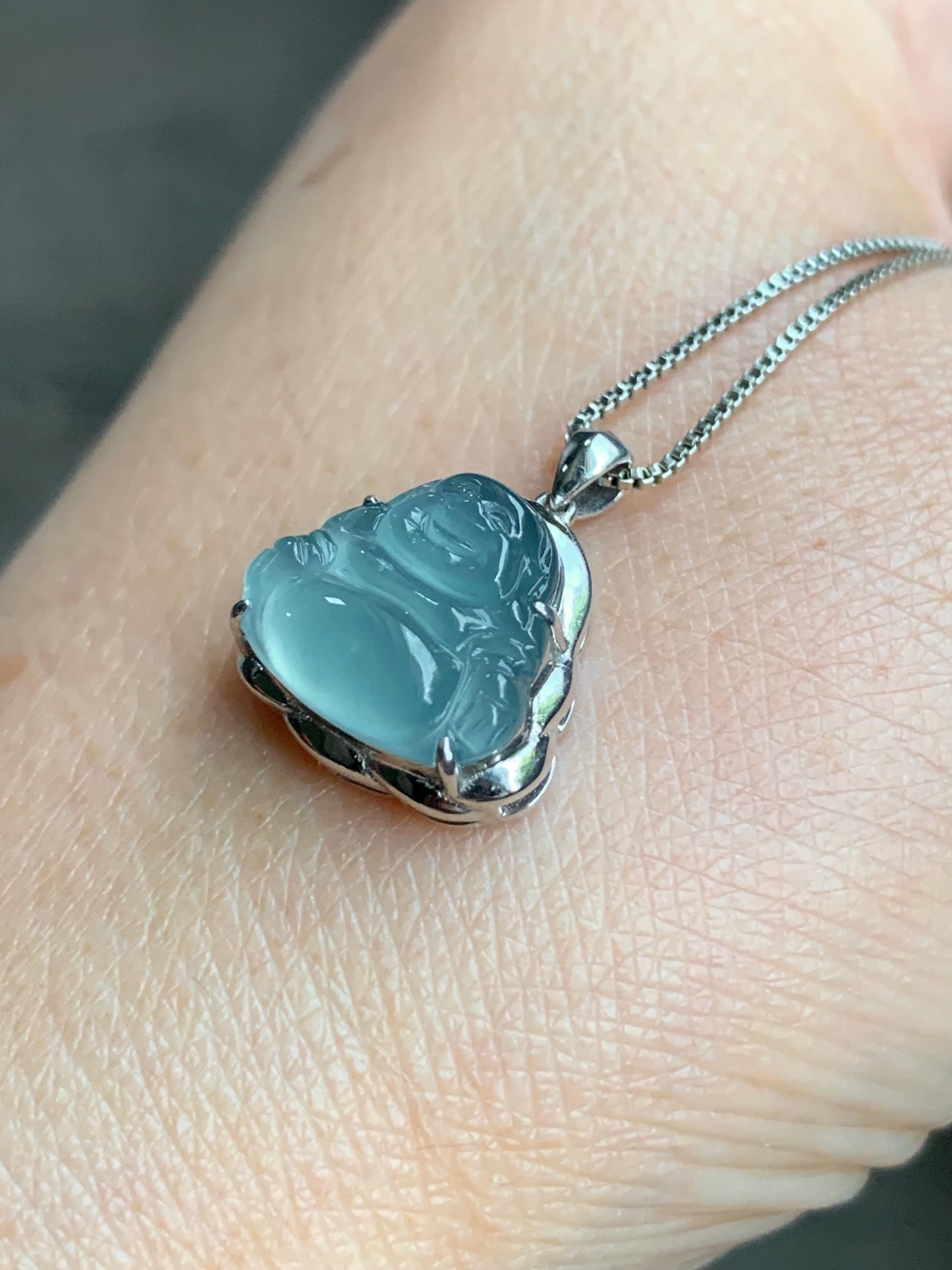 Certified Natural Guatemalan Icy Highly Translucent Light Teal Blue Jadeite Buddha Petite Pendant Sterling Silver 天然老种高冰危蓝绿翡翠起光佛公镶嵌吊坠 3024