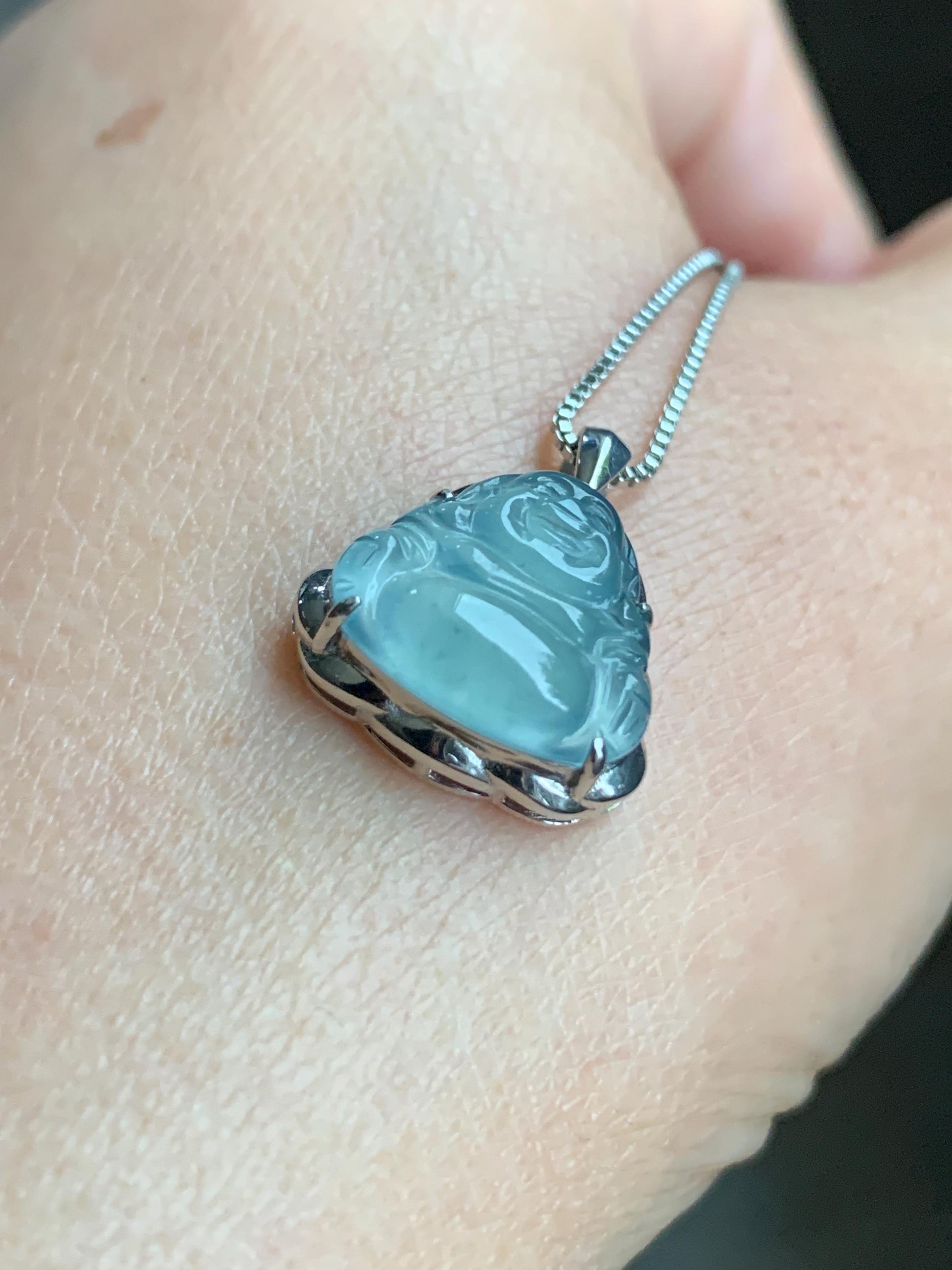 Certified Natural Guatemalan Icy Highly Translucent Light Teal Blue Jadeite Buddha Petite Pendant Sterling Silver 天然老种高冰危蓝绿翡翠起光佛公镶嵌吊坠 3024