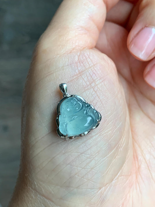 Certified Natural Guatemalan Icy Highly Translucent Light Teal Blue Jadeite Buddha Petite Pendant Sterling Silver 天然老种高冰危蓝绿翡翠起光佛公镶嵌吊坠 3024
