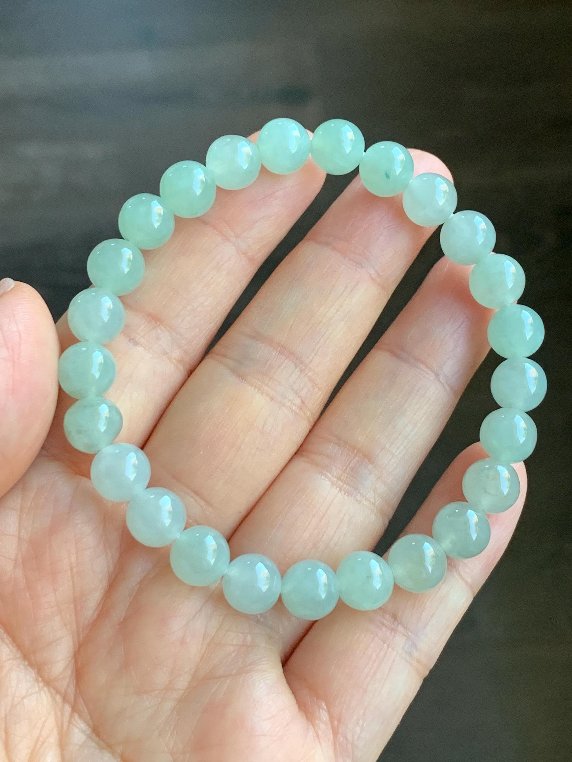 Natural Burmese Icy Translucent Gelatinous Light Green Jadeite Beaded Bracelet Stretchy 7.8mm 7.25” 20g 天然缅甸冰胶淡晴底翡翠手串 MQD918