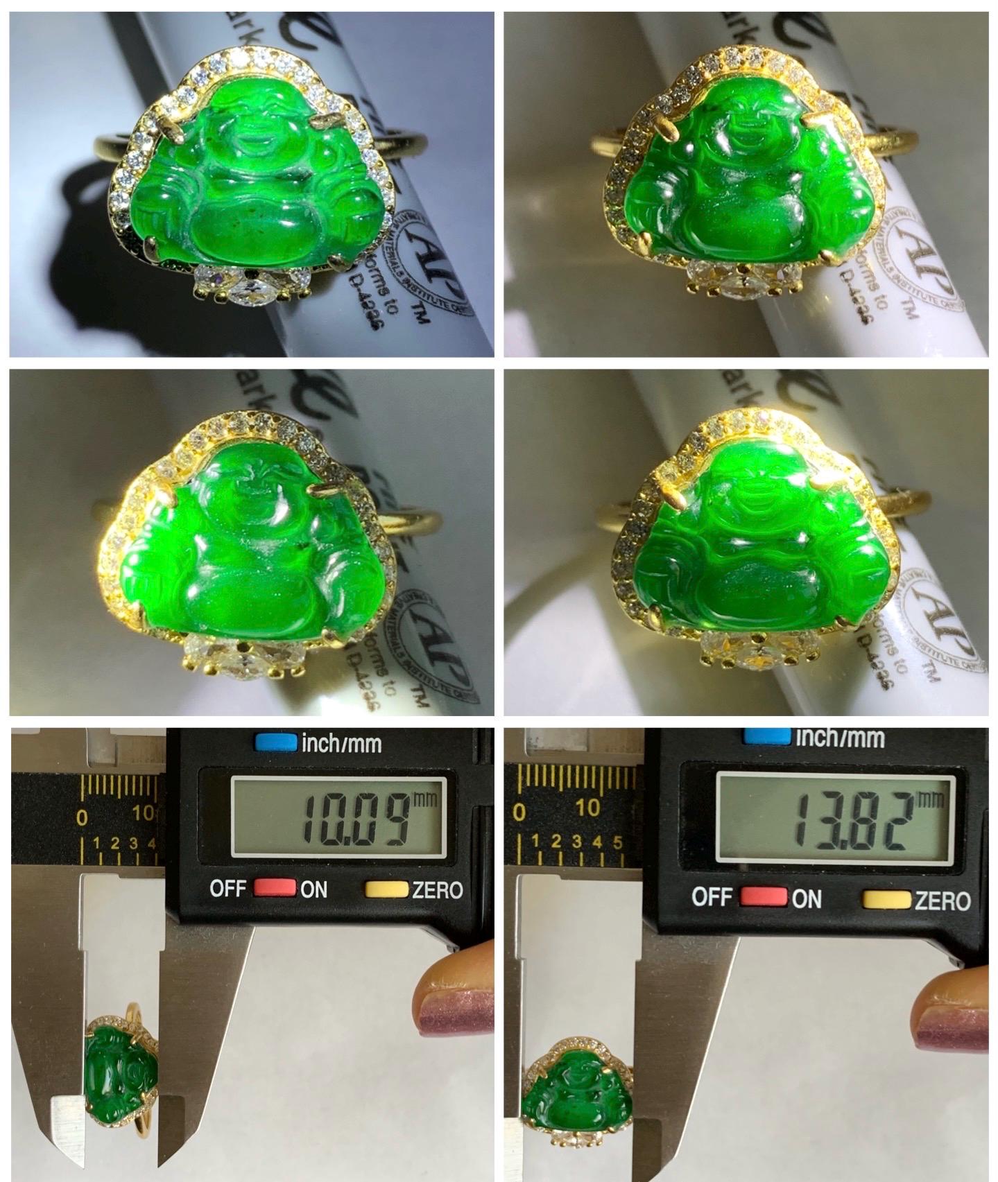Natural Guatemalan Icy Translucent Vibrant Green Jadeite Buddha Ring Sterling Silver Yellow Gold Overlay Size 7 Adjustable 天然冰危绿翡翠佛公银镶戒指