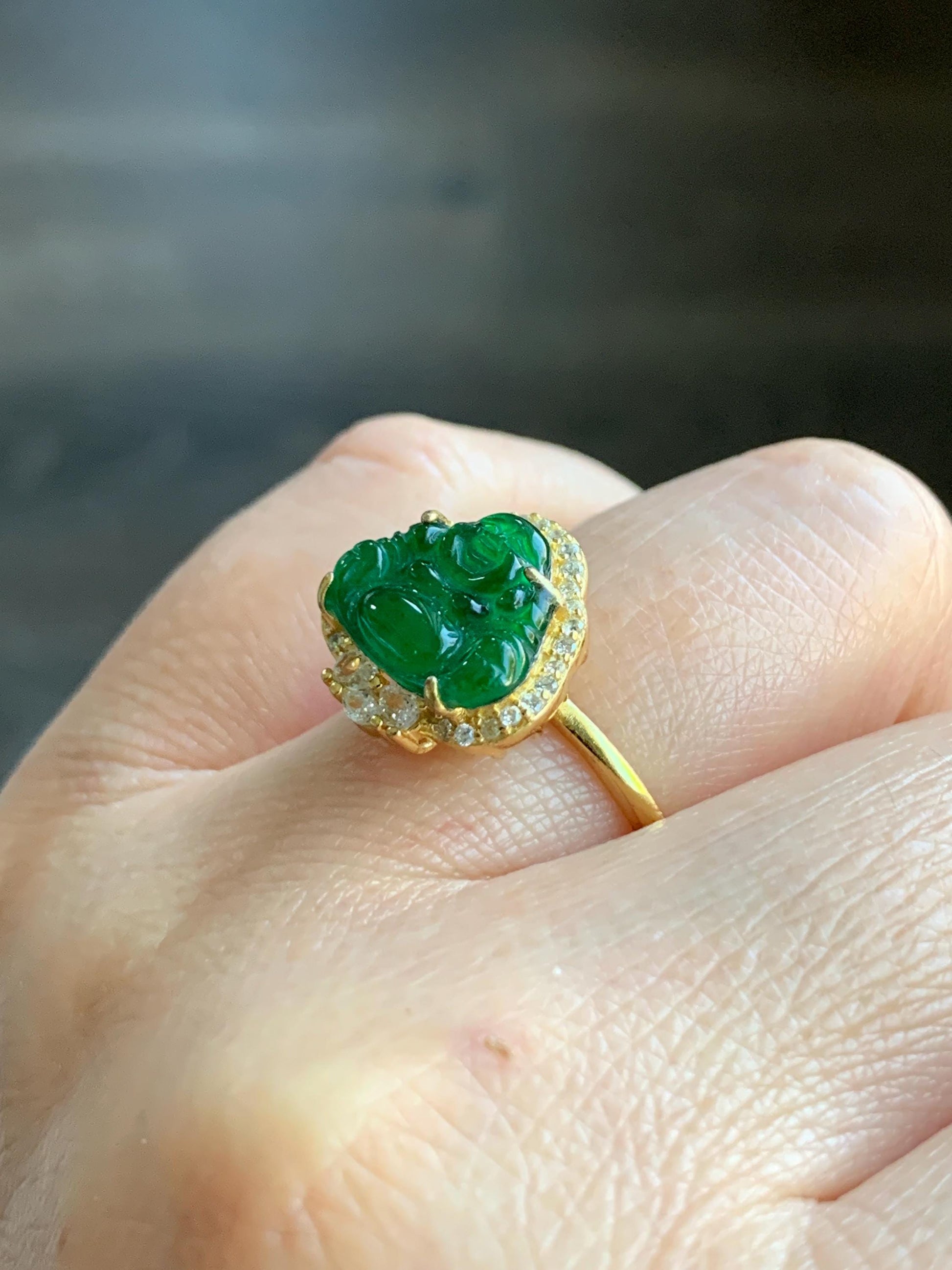 Natural Guatemalan Icy Translucent Vibrant Green Jadeite Buddha Ring Sterling Silver Yellow Gold Overlay Size 7 Adjustable 天然冰危绿翡翠佛公银镶戒指