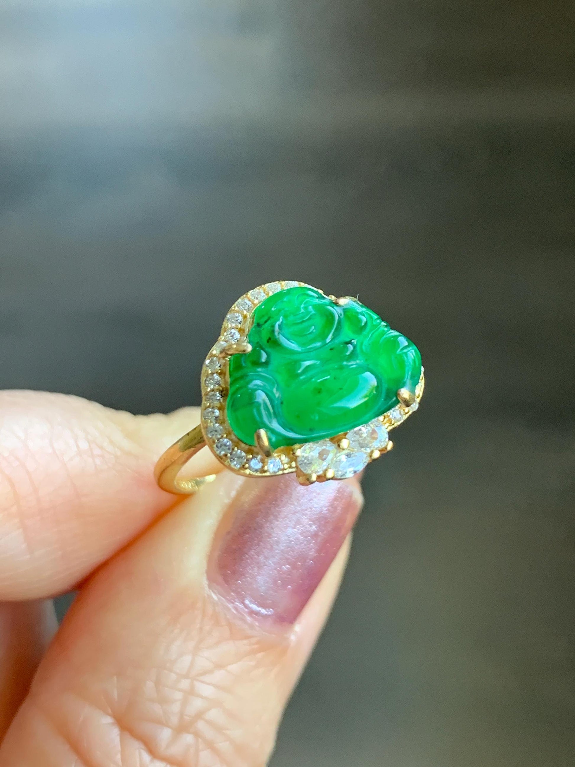 Natural Guatemalan Icy Translucent Vibrant Green Jadeite Buddha Ring Sterling Silver Yellow Gold Overlay Size 7 Adjustable 天然冰危绿翡翠佛公银镶戒指