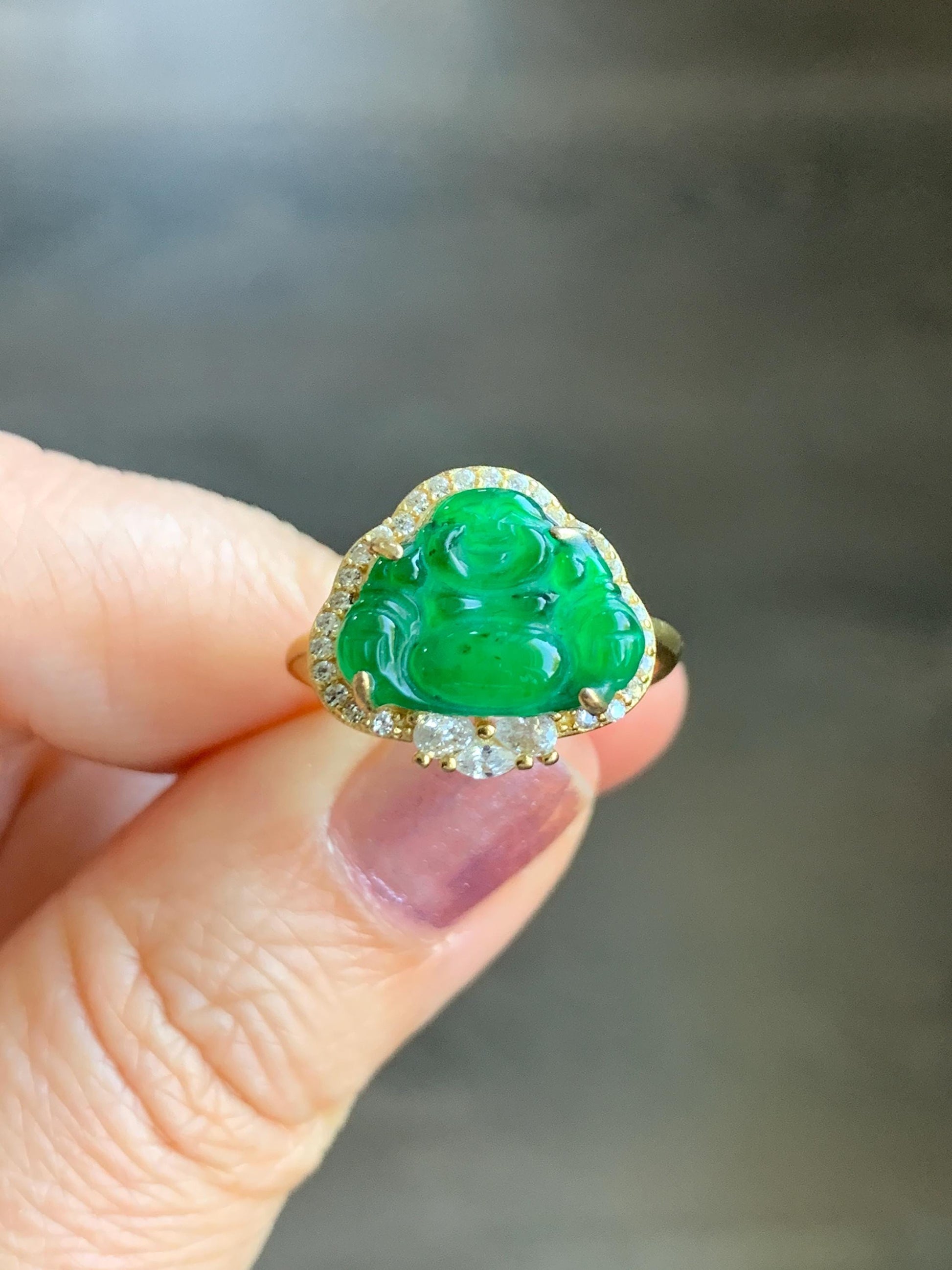 Natural Guatemalan Icy Translucent Vibrant Green Jadeite Buddha Ring Sterling Silver Yellow Gold Overlay Size 7 Adjustable 天然冰危绿翡翠佛公银镶戒指