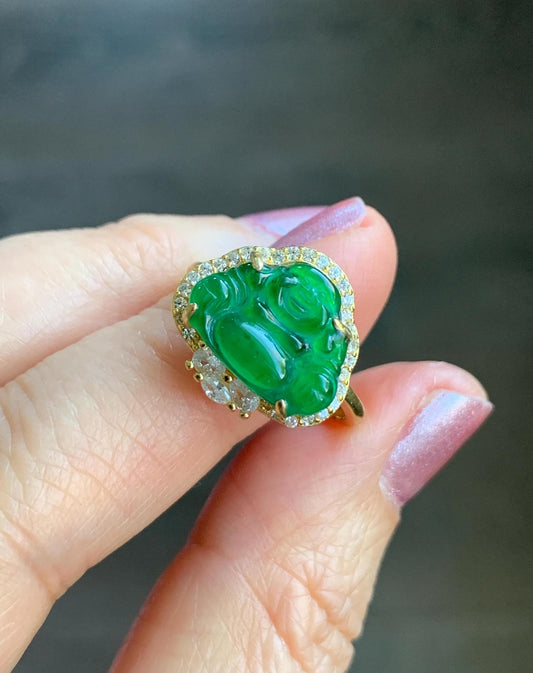 Natural Guatemalan Icy Translucent Vibrant Green Jadeite Buddha Ring Sterling Silver Yellow Gold Overlay Size 7 Adjustable 天然冰危绿翡翠佛公银镶戒指