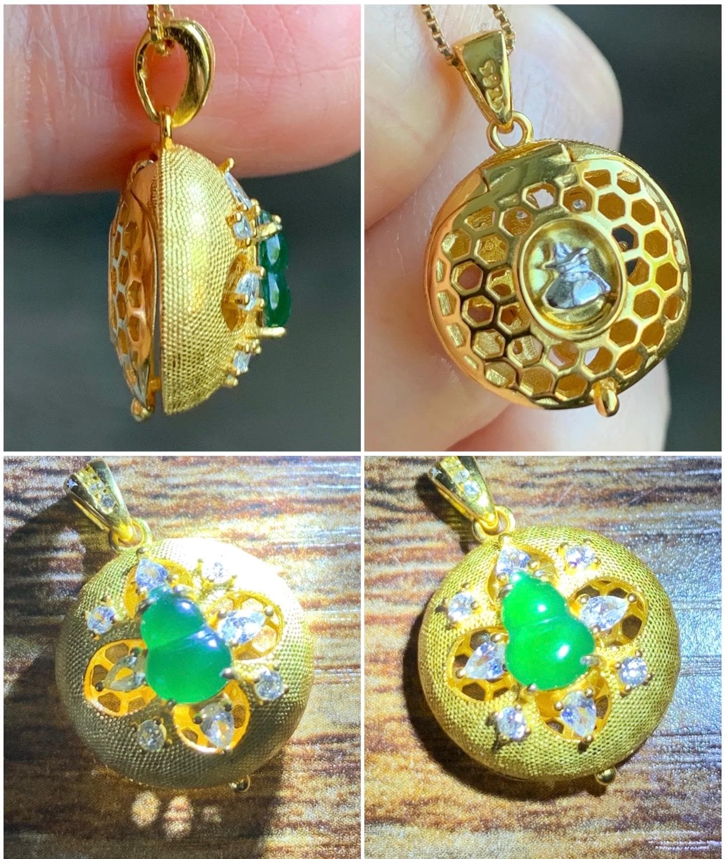 Natural Guatemalan Icy Translucent Vibrant Green Jadeite Hulu Gourd Locket Pendant S925 Sterling Silver Yellow Gold Overlay 天然高危冰绿翡翠葫芦镶嵌吊坠
