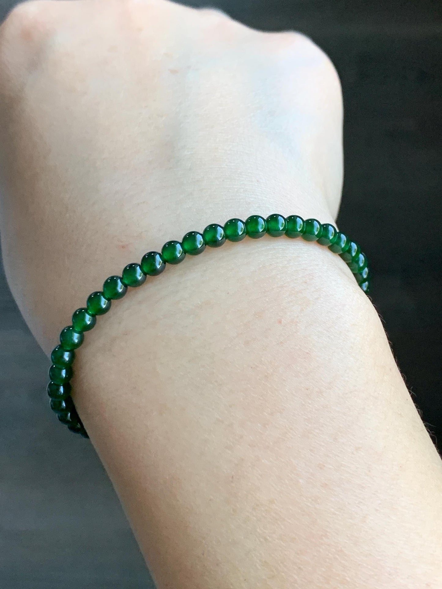 Natural Guatemalan Icy Highly Translucent Rich Green Jadeite Small Round Beads Beaded Bracelet 6.75” 3.9mm 8-9g 天然高冰危绿翡翠小卡圆珠手串 KSWL200