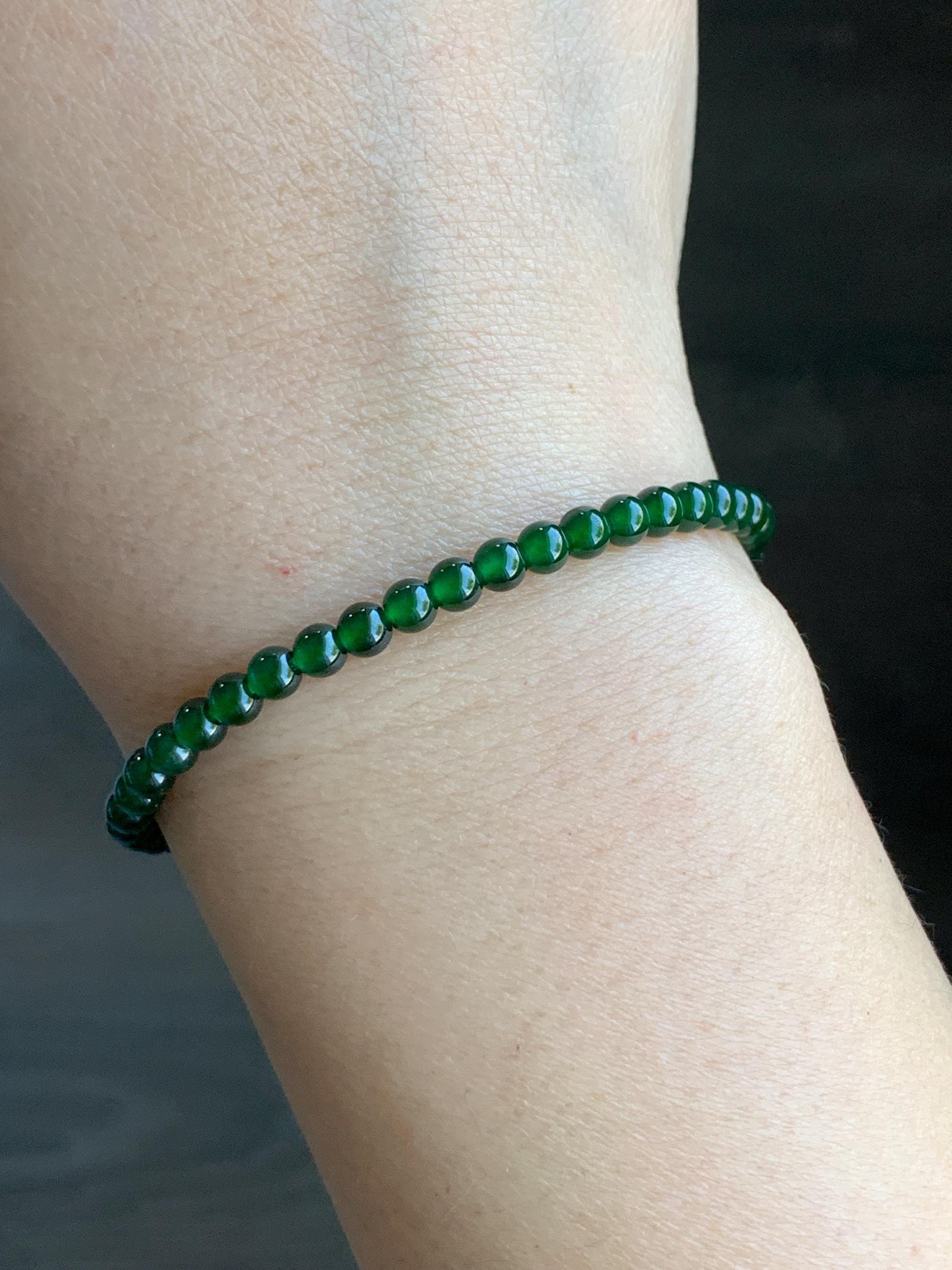 Natural Guatemalan Icy Highly Translucent Rich Green Jadeite Small Round Beads Beaded Bracelet 6.75” 3.9mm 8-9g 天然高冰危绿翡翠小卡圆珠手串 KSWL200