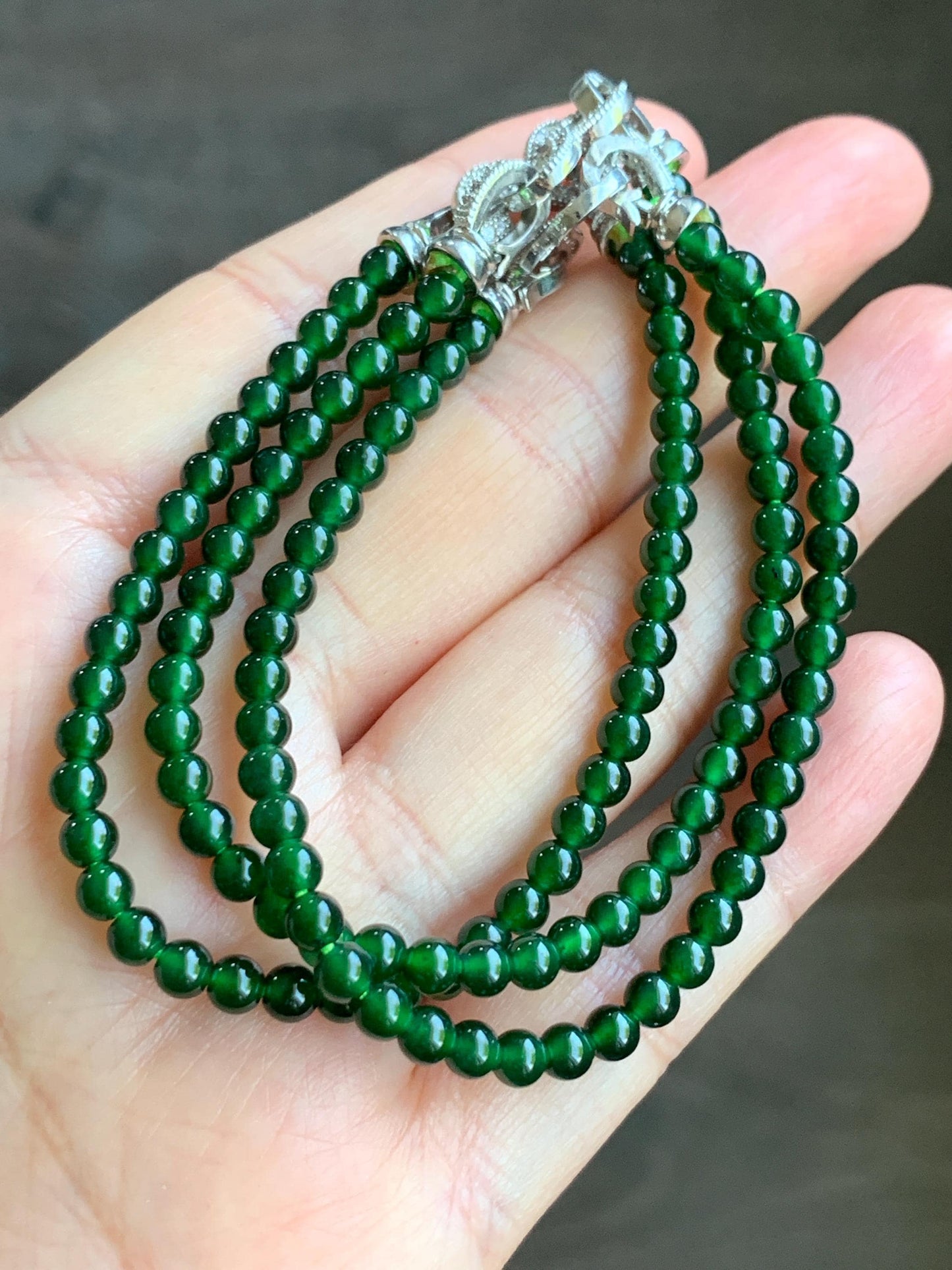 Natural Guatemalan Icy Highly Translucent Rich Green Jadeite Small Round Beads Beaded Bracelet 6.75” 3.9mm 8-9g 天然高冰危绿翡翠小卡圆珠手串 KSWL200