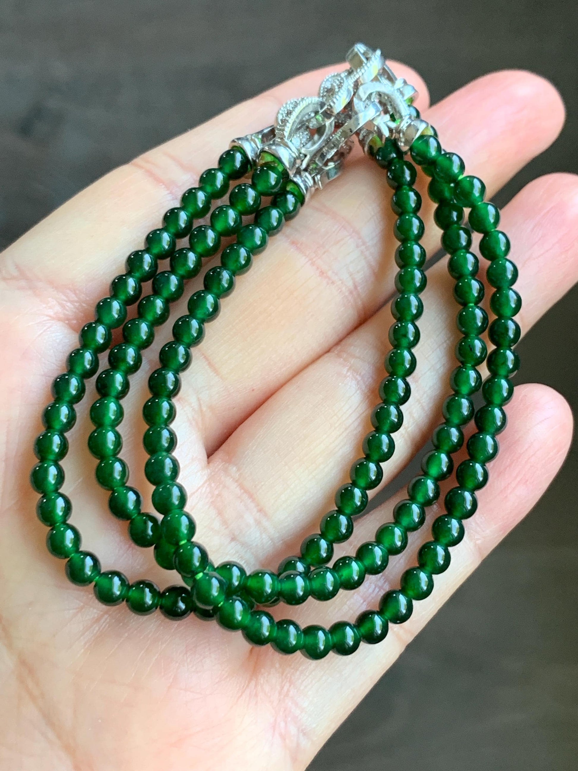 Natural Guatemalan Icy Highly Translucent Rich Green Jadeite Small Round Beads Beaded Bracelet 6.75” 3.9mm 8-9g 天然高冰危绿翡翠小卡圆珠手串 KSWL200