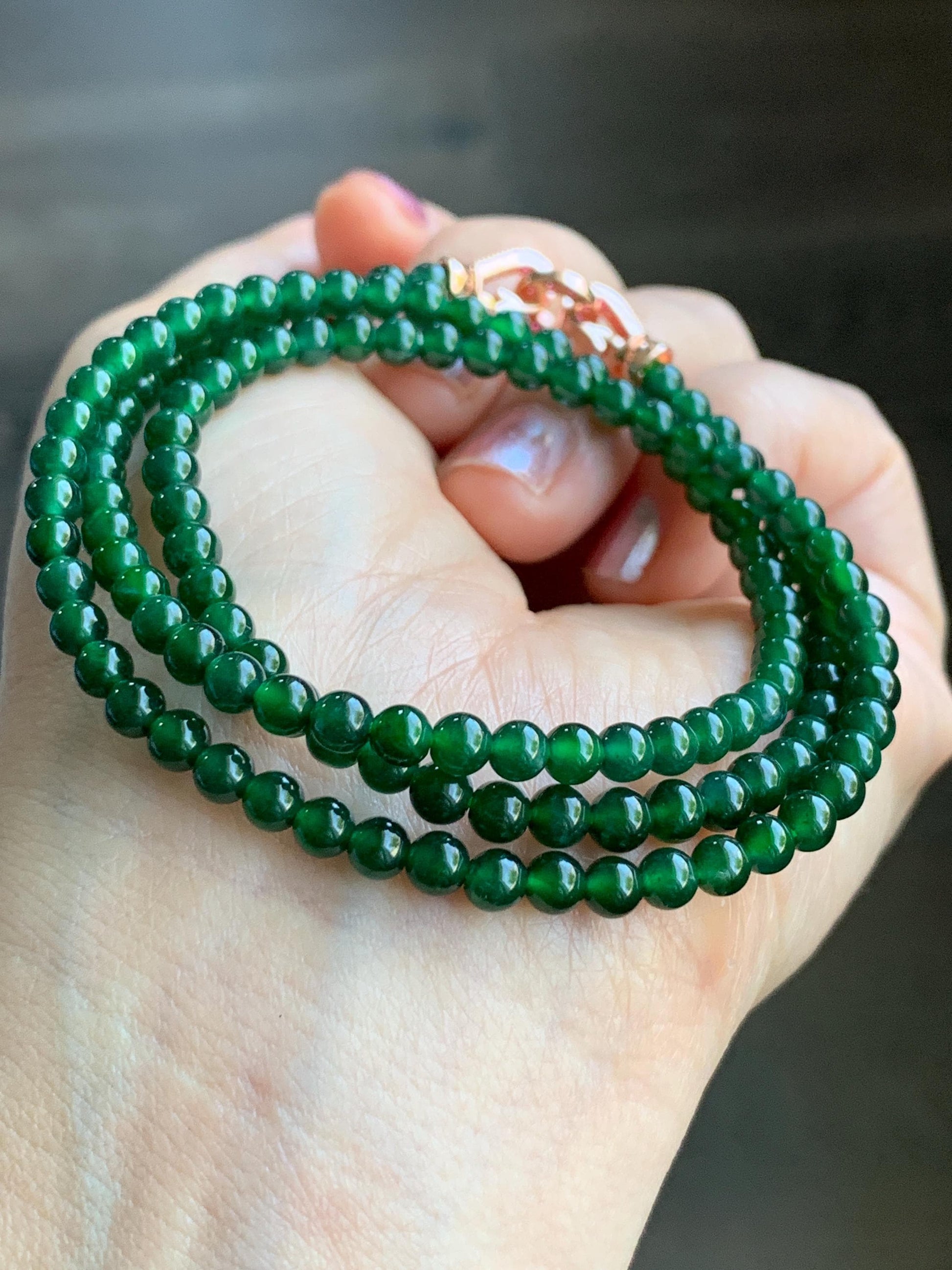 Certified Natural Guatemalan Icy Translucent Rich Green Jadeite Petite Round Beads Beaded Necklace 4.1mm 20.5" 16g 天然老种冰危绿翡翠小圆珠项链 7847