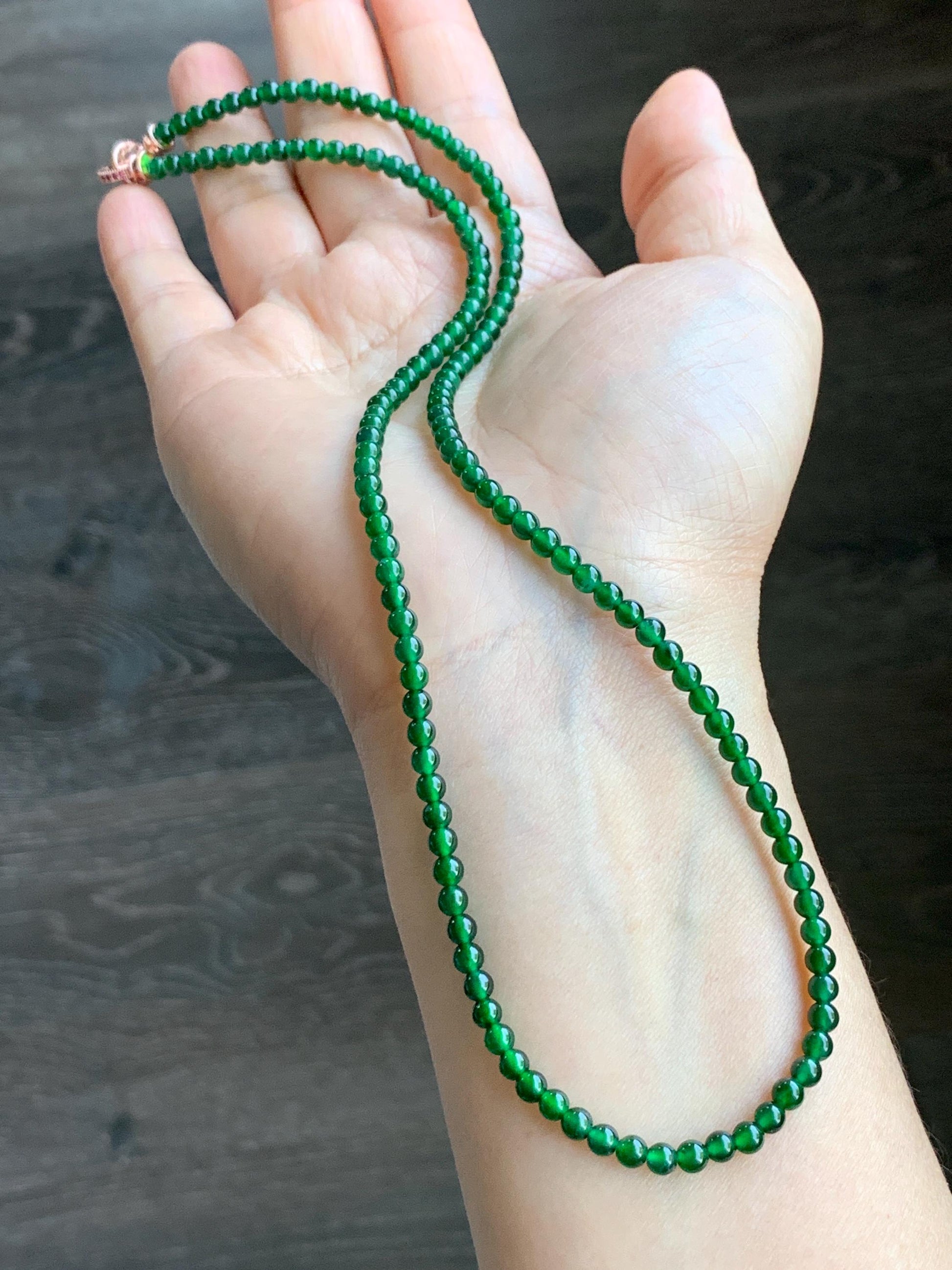 Certified Natural Guatemalan Icy Translucent Rich Green Jadeite Petite Round Beads Beaded Necklace 3.9mm 20.5" 14.27g 天然老种冰危绿翡翠小圆珠项链 7845